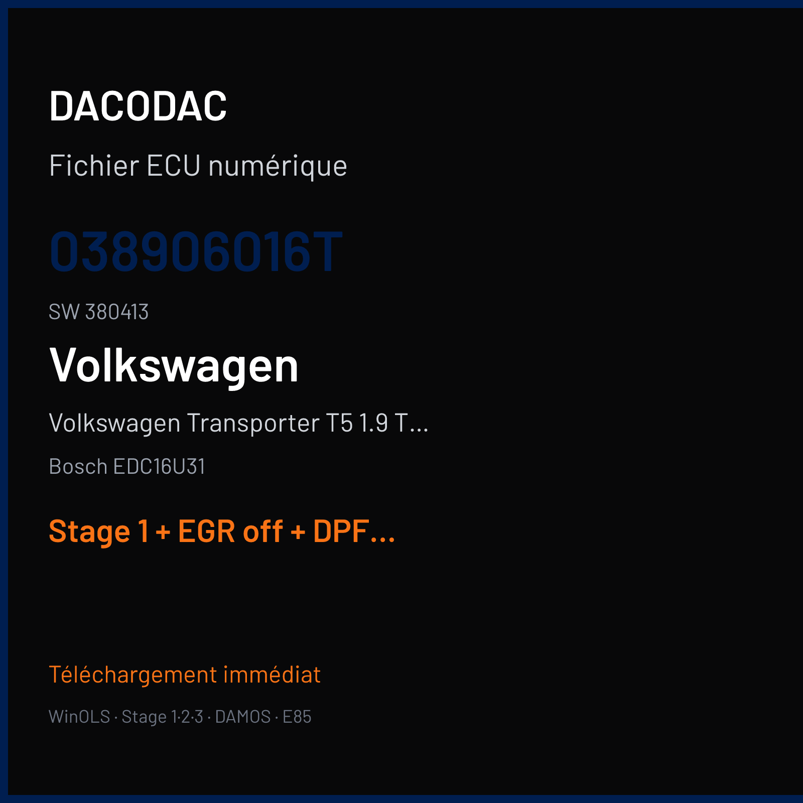 Volkswagen Transporter T5 1.9 TDI — Bosch EDC16U31 — 038906016T · 380413 — Stage 1 + EGR off + DPF off