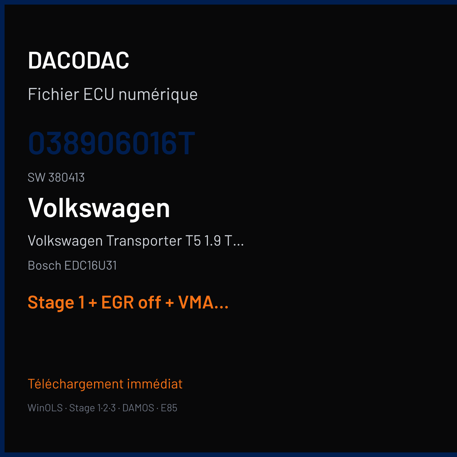 Volkswagen Transporter T5 1.9 TDI — Bosch EDC16U31 — 038906016T · 380413 — Stage 1 + EGR off + VMAX off