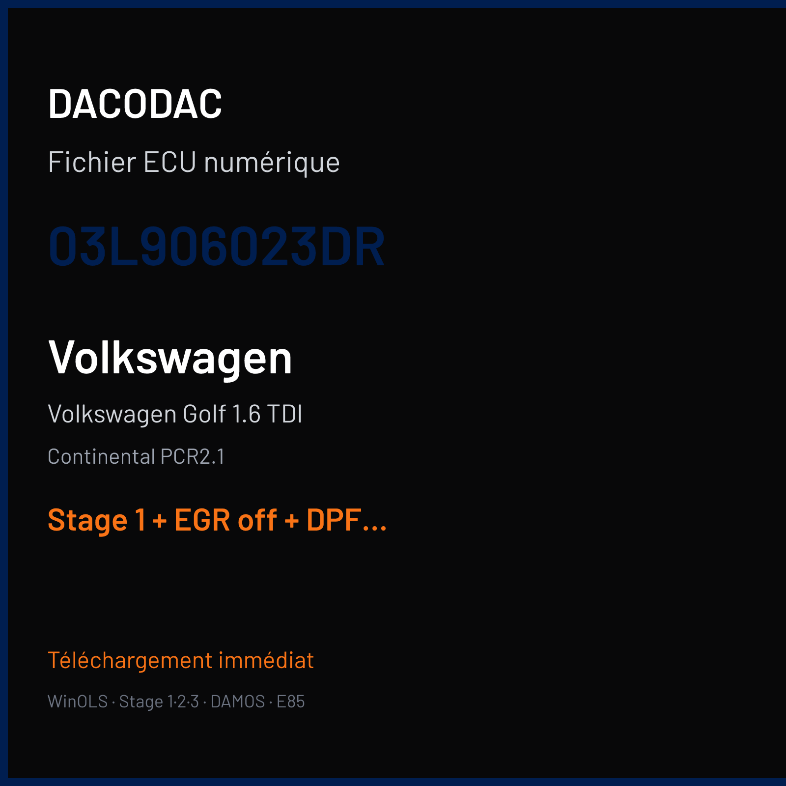 Volkswagen Golf 1.6 TDI (2011) — Continental PCR2.1 — 03L906023DR — Stage 1 + EGR off + DPF off