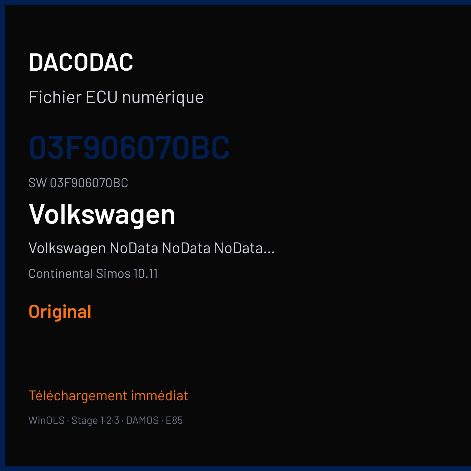 Volkswagen NoData NoData NoData NoData 105 ch — Continental Simos 10.11 — 03F906070BC · 03F906070BC · SA100EB000000 — Original