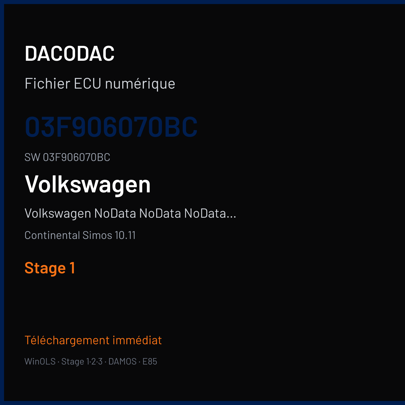 Volkswagen NoData NoData NoData NoData 105 ch — Continental Simos 10.11 — 03F906070BC · 03F906070BC · SA100EB000000 — Stage 1
