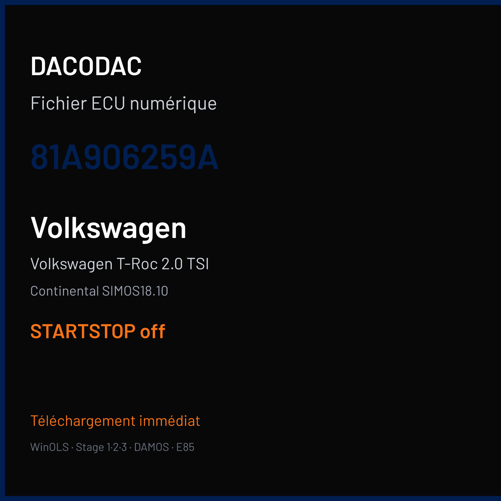 Volkswagen T-Roc 2.0 TSI (2015) — Continental SIMOS18.10 — 81A906259A — STARTSTOP off