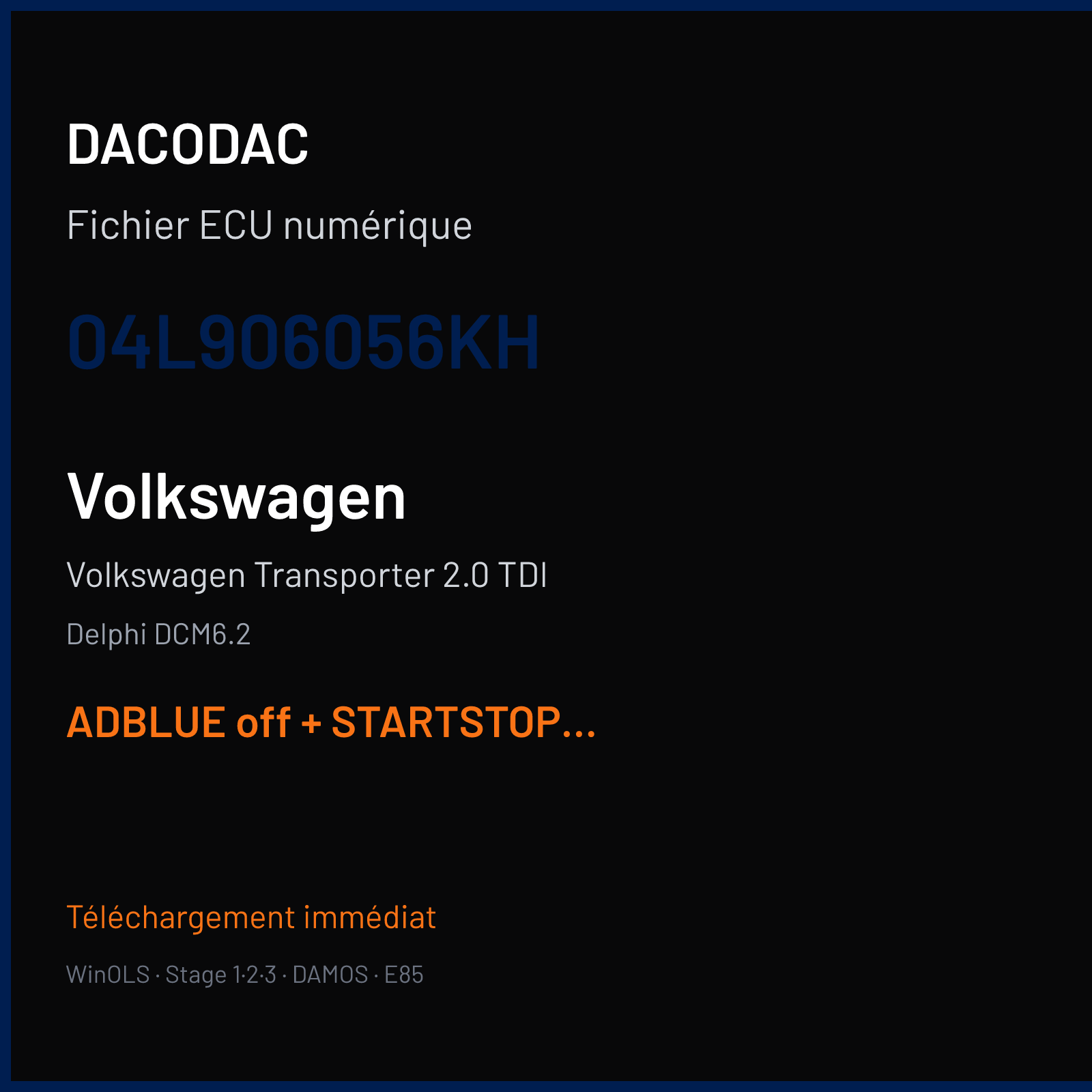 Volkswagen Transporter 2.0 TDI (2017) — Delphi DCM6.2 — 04L906056KH — ADBLUE off + STARTSTOP off