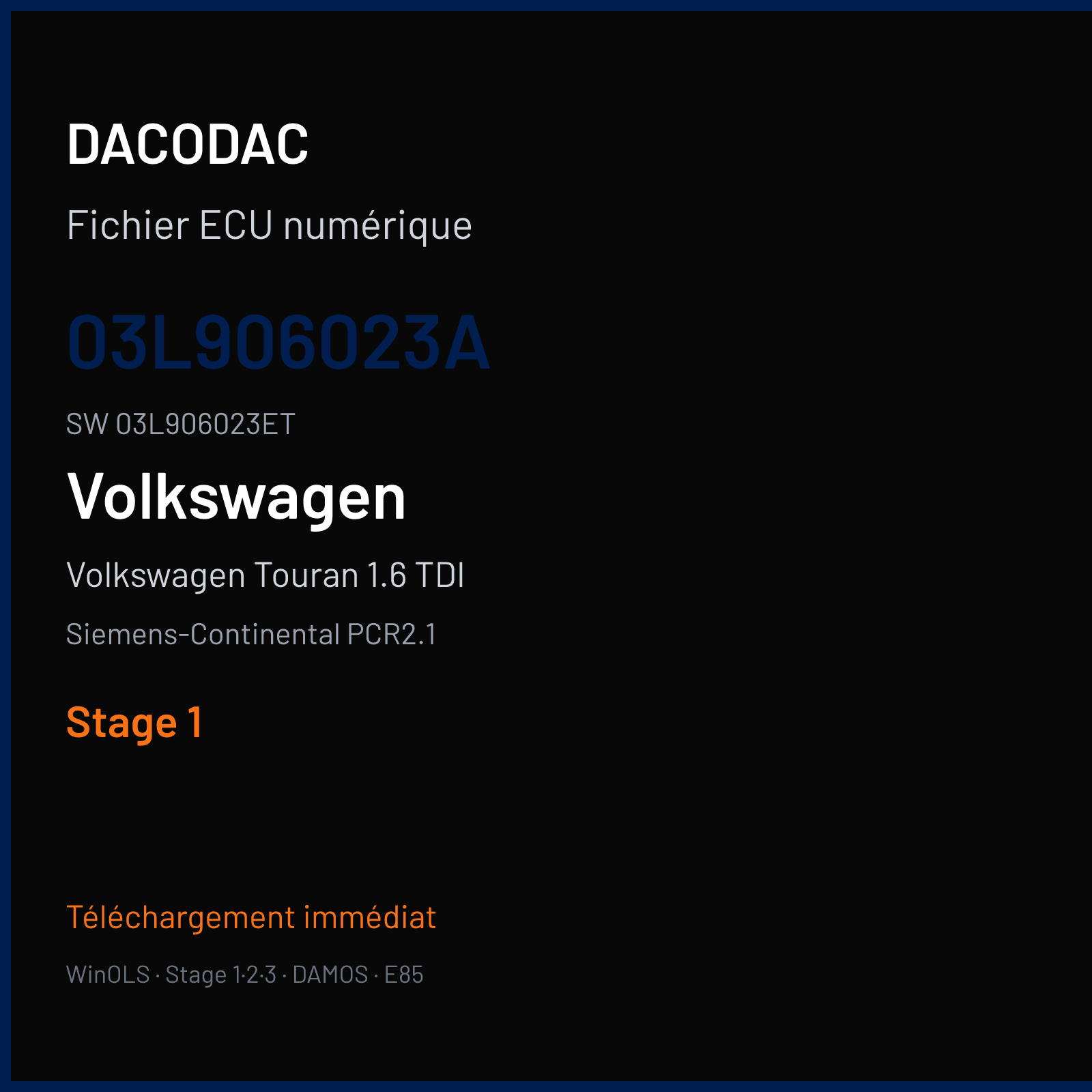 Volkswagen Touran 1.6 TDI 105 ch (2011) — Siemens-Continental PCR2.1 — 03L906023A · 03L906023ET · SM2G0P2000000 — Stage 1