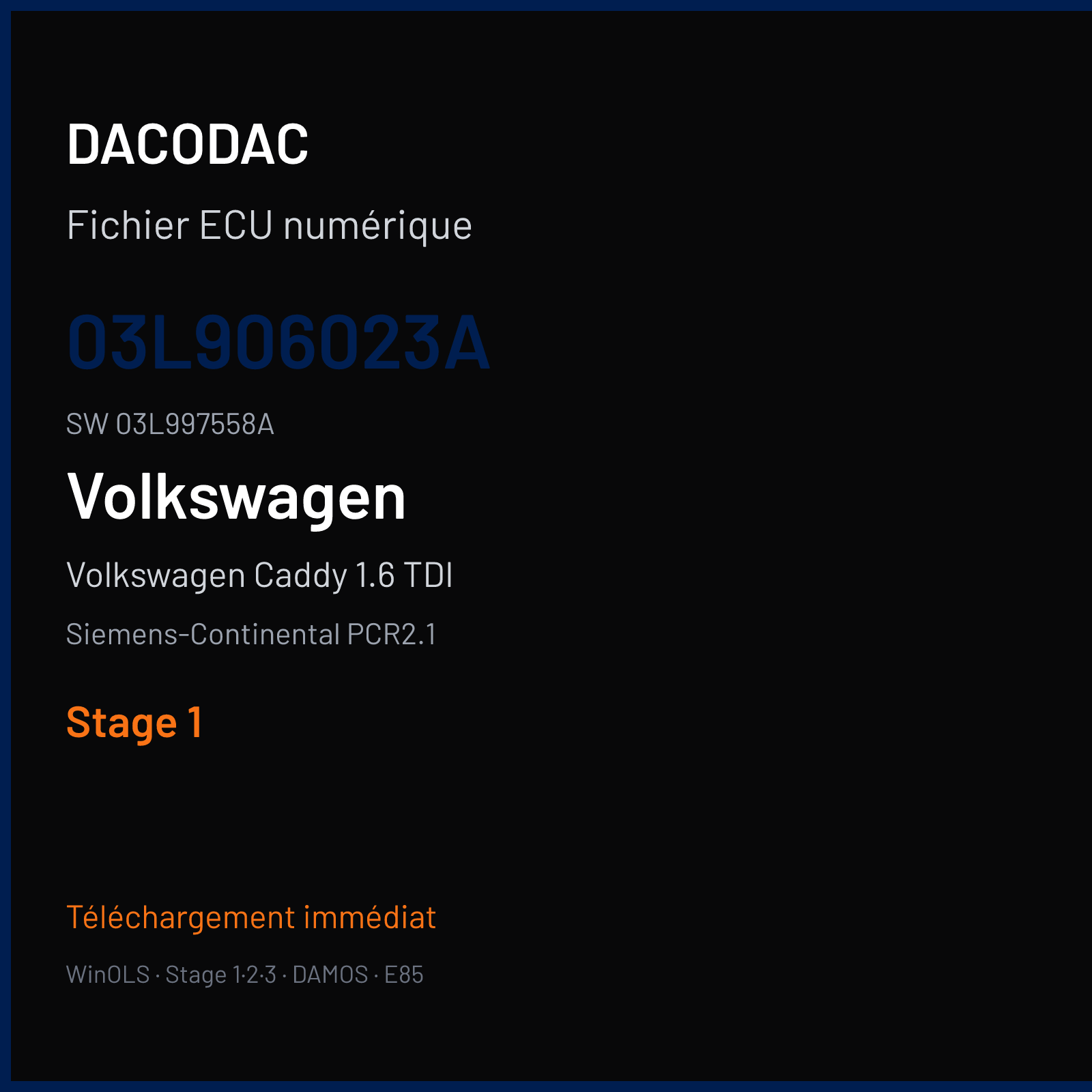 Volkswagen Caddy 1.6 TDI 105 ch (2013) — Siemens-Continental PCR2.1 — 03L906023A · 03L997558A · SM2G0P2000000 — Stage 1