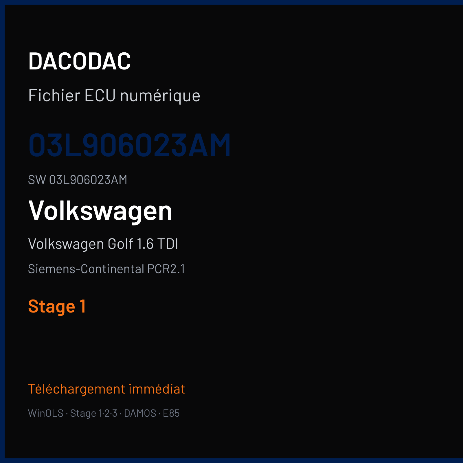 Volkswagen Golf 1.6 TDI 90 ch — Siemens-Continental PCR2.1 — 03L906023AM · 03L906023AM · SM2E0DB000000 — Stage 1