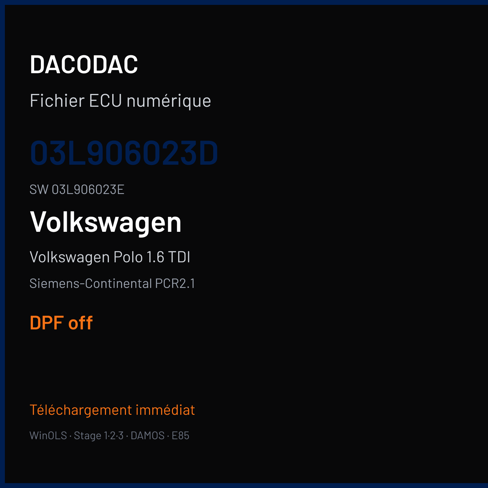 Volkswagen Polo 1.6 TDI 75 ch (2010) — Siemens-Continental PCR2.1 — 03L906023D · 03L906023E · 5688 SM2E0DG000000 — DPF off