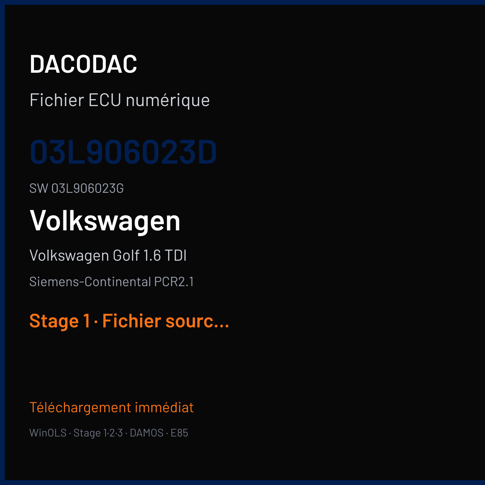 Volkswagen Golf 1.6 TDI 105 ch — Siemens-Continental PCR2.1 — 03L906023D · 03L906023G · SM2G0M0000000 — Stage 1