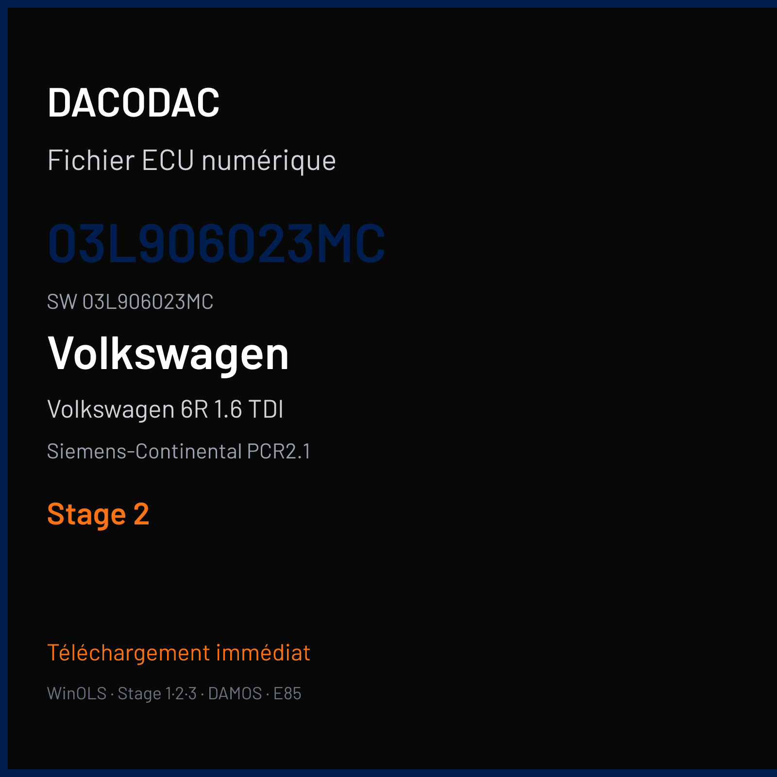 Volkswagen 6R 1.6 TDI 105 ch (2009) — Siemens-Continental PCR2.1 — 03L906023MC · 03L906023MC · SM2M00 — Stage 2