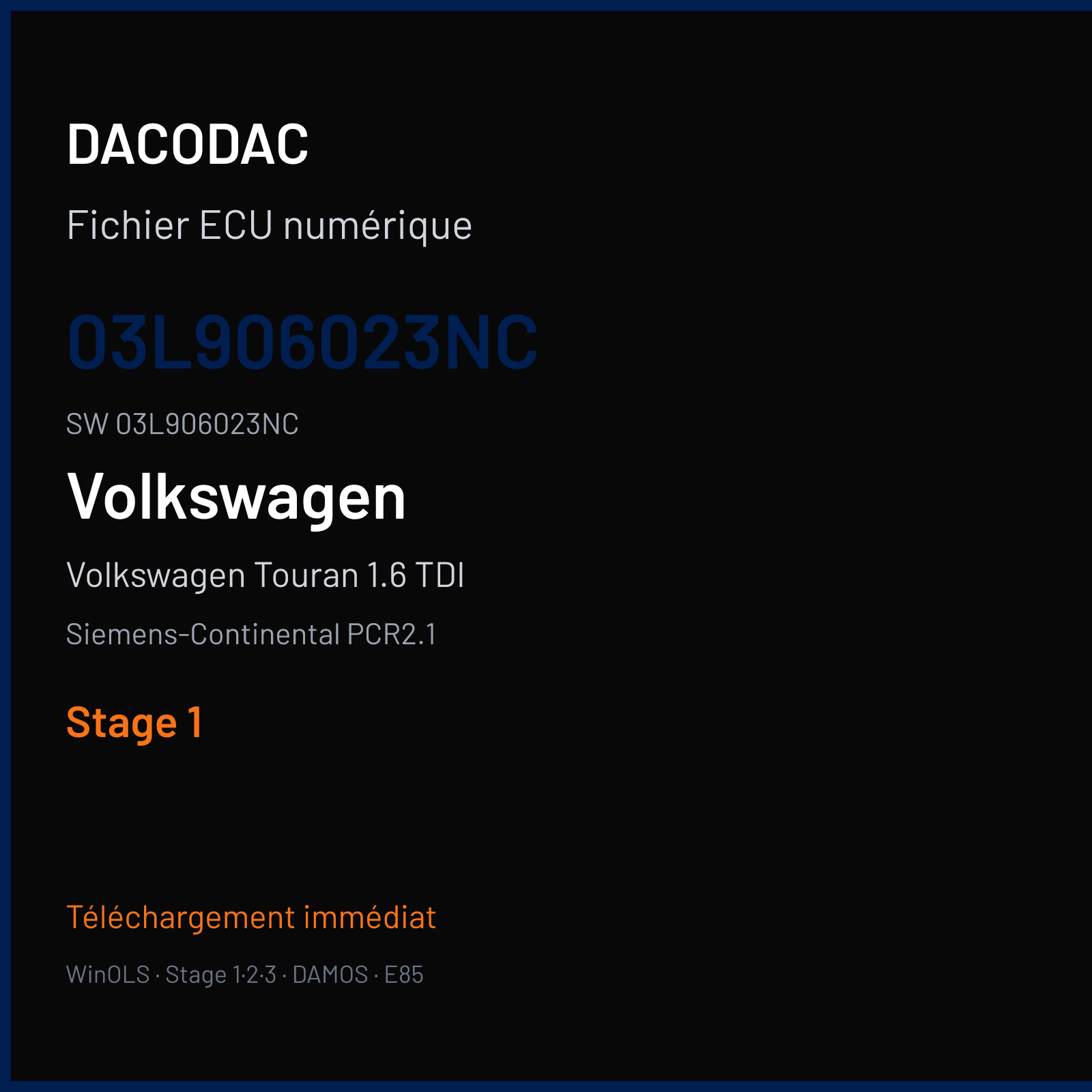 Volkswagen Touran 1.6 TDI 105 ch — Siemens-Continental PCR2.1 — 03L906023NC · 03L906023NC · SM2F0L9500000 — Stage 1