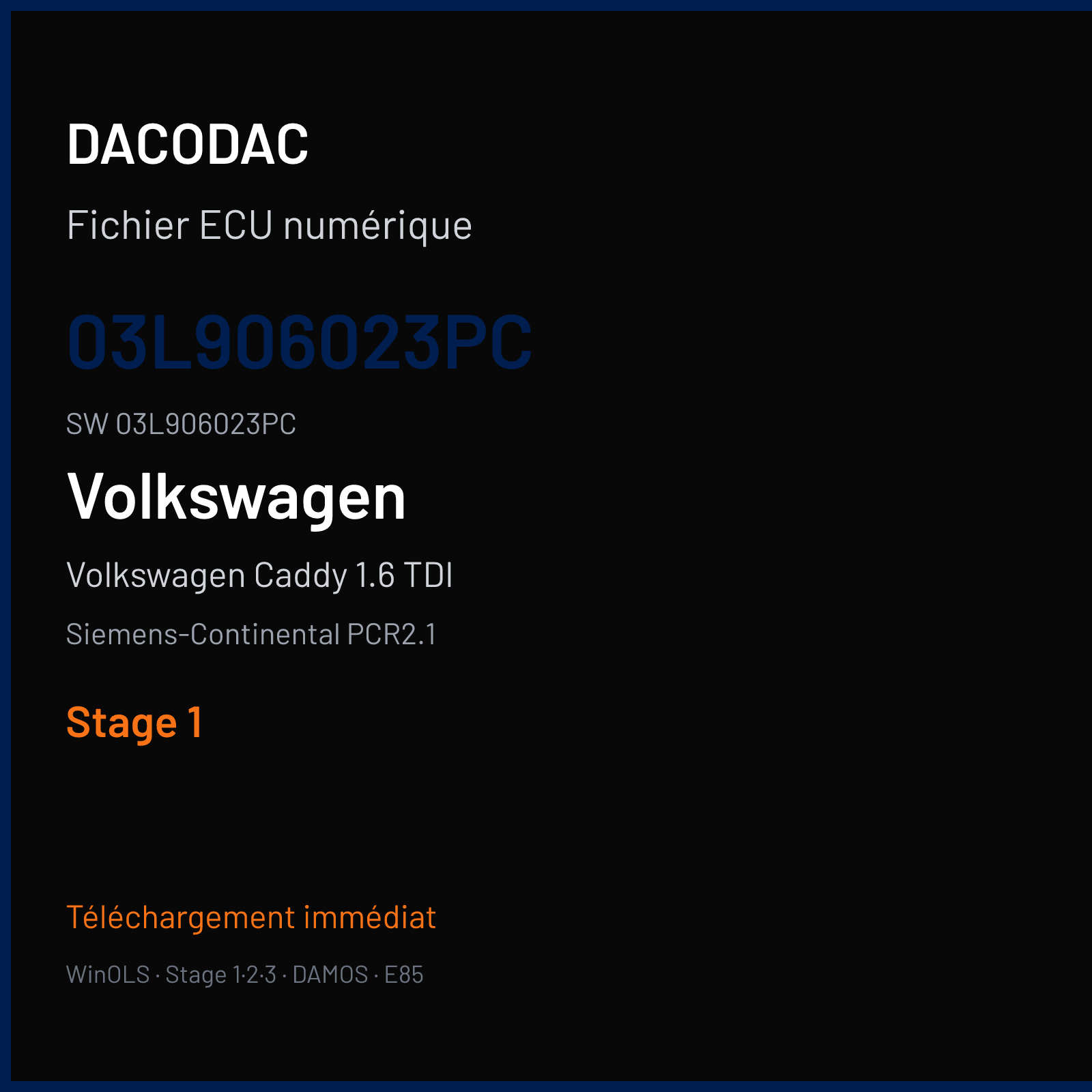 Volkswagen Caddy 1.6 TDI 102 ch (2011) — Siemens-Continental PCR2.1 — 03L906023PC · 03L906023PC · SM2F0L9500000 — Stage 1