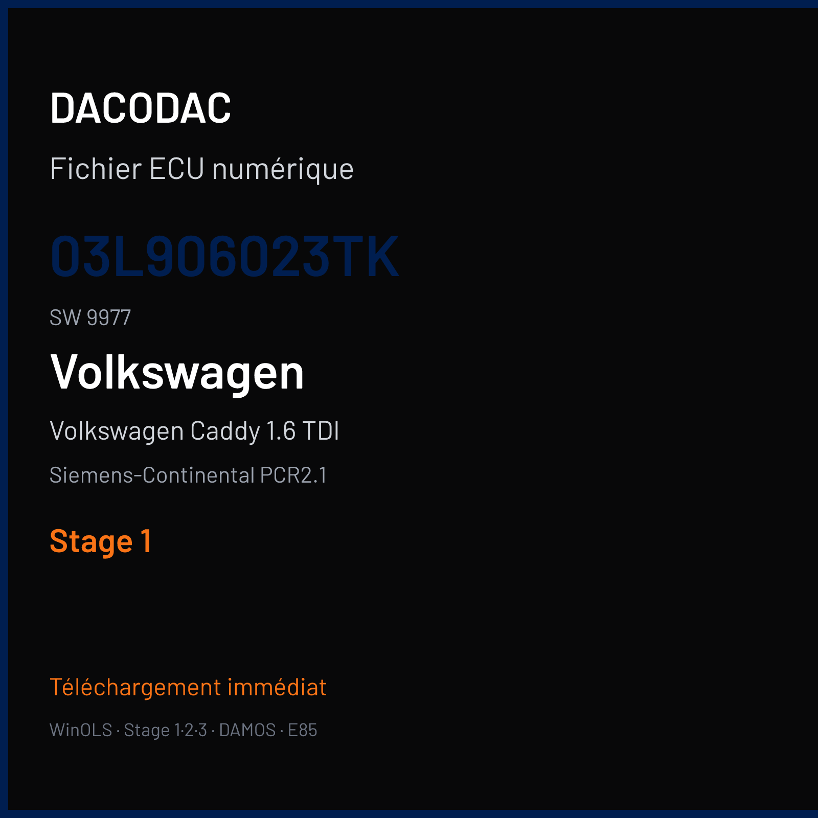 Volkswagen Caddy 1.6 TDI 102 ch (2014) — Siemens-Continental PCR2.1 — 03L906023TK · 9977 · 03L906023TK SM2G0P2000000 — Stage 1