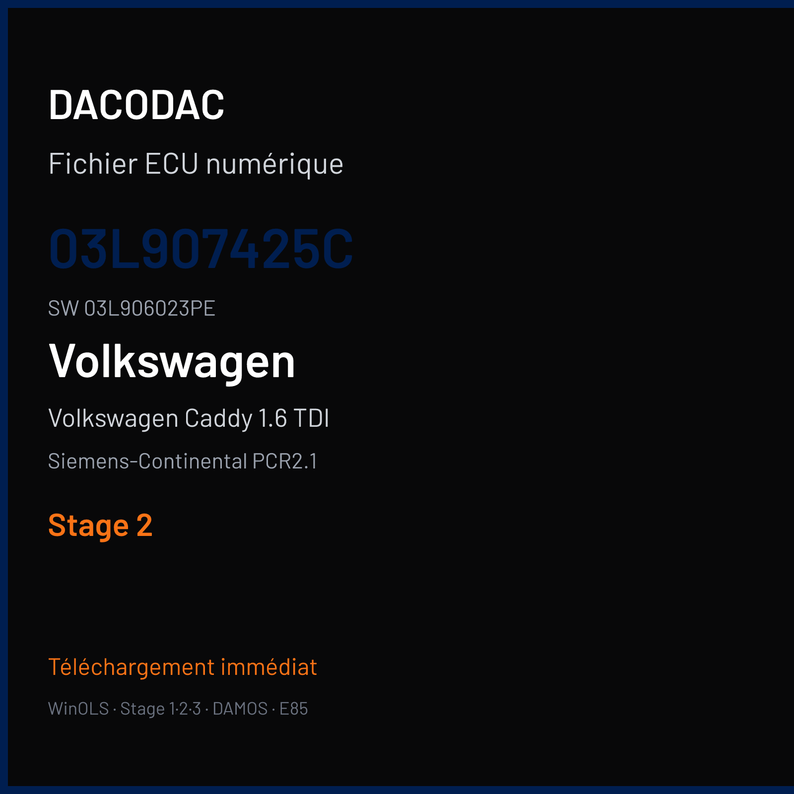 Volkswagen Caddy 1.6 TDI 102 ch (2006) — Siemens-Continental PCR2.1 — 03L907425C · 03L906023PE · SM2G0N0000000 — Stage 2