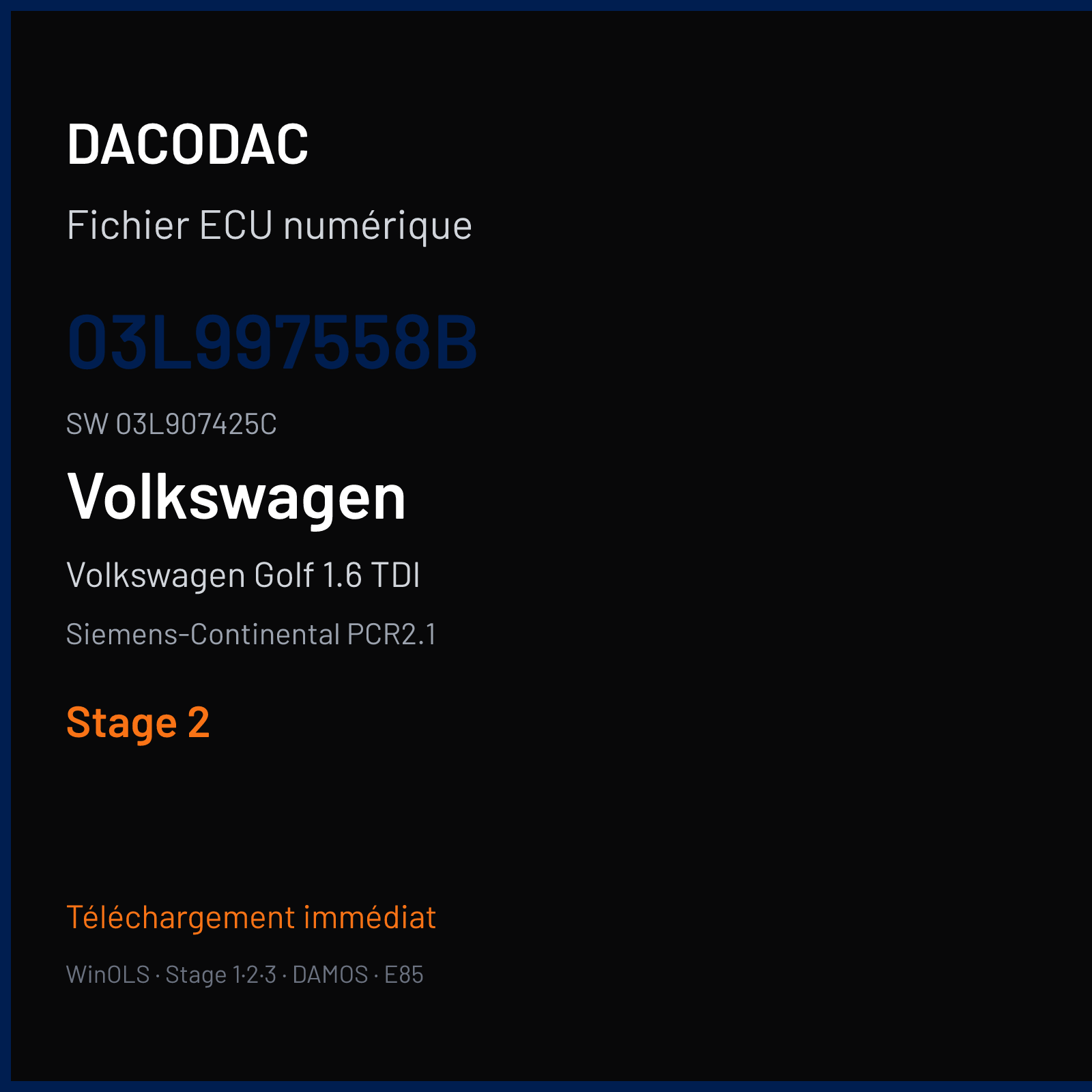 Volkswagen Golf 1.6 TDI 105 ch (2011) — Siemens-Continental PCR2.1 — 03L997558B · 03L907425C · SM2G0P3000000 — Stage 2