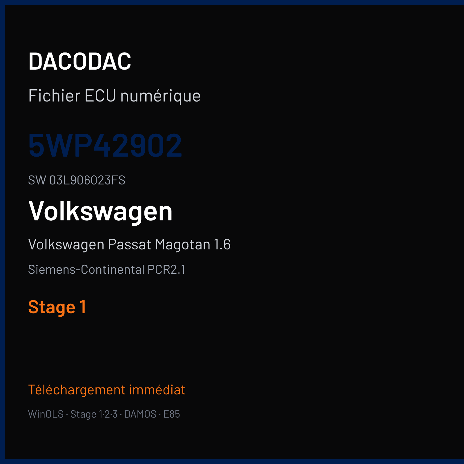 Volkswagen Passat Magotan 1.6 105 ch (2010) — Siemens-Continental PCR2.1 — 5WP42902 · 03L906023FS · SM2G0P2000000 — Stage 1