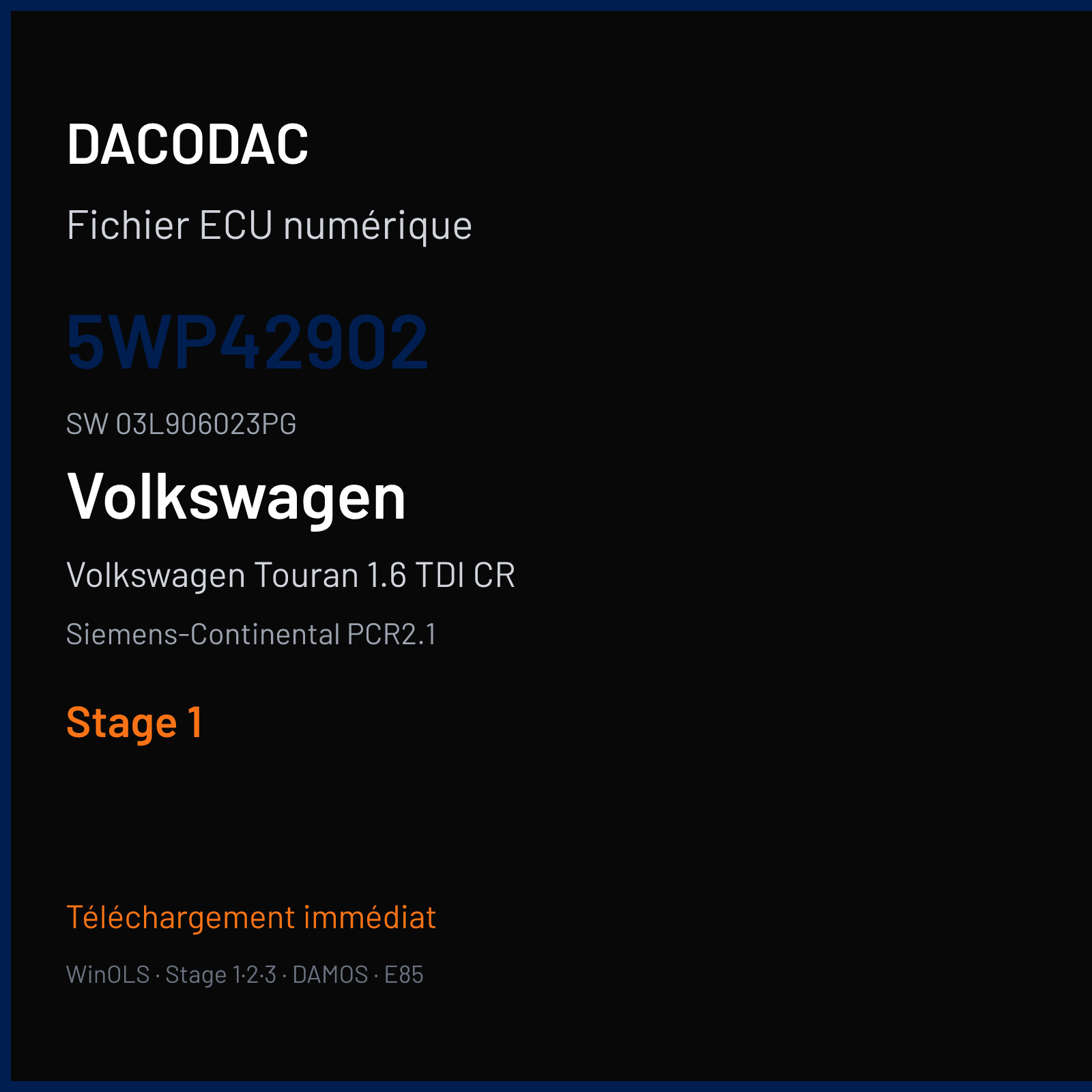 Volkswagen Touran 1.6 TDI CR 105 ch (2012) — Siemens-Continental PCR2.1 — 5WP42902 · 03L906023PG · SM2G0P2000000 — Stage 1