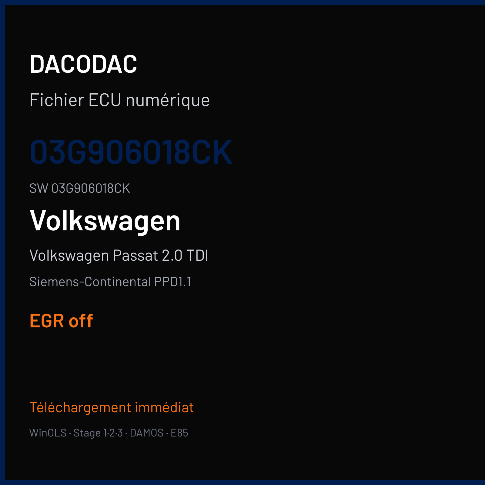 Volkswagen Passat 2.0 TDI 140 ch (2006) — Siemens-Continental PPD1.1 — 03G906018CK · 03G906018CK · 9629 SN000F7500000 — EGR off