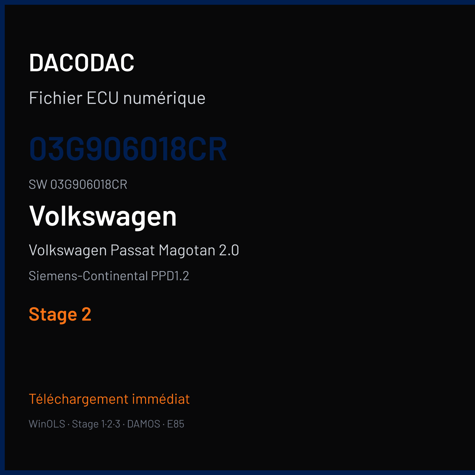 Volkswagen Passat Magotan 2.0 140 ch (2006) — Siemens-Continental PPD1.2 — 03G906018CR · 03G906018CR · SN000F7500000 — Stage 2