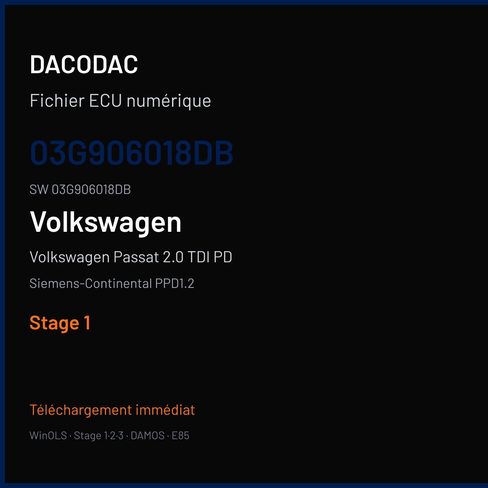 Volkswagen Passat 2.0 TDI PD 170 ch (2007) — Siemens-Continental PPD1.2 — 03G906018DB · 03G906018DB · SN100L8000000 — Stage 1