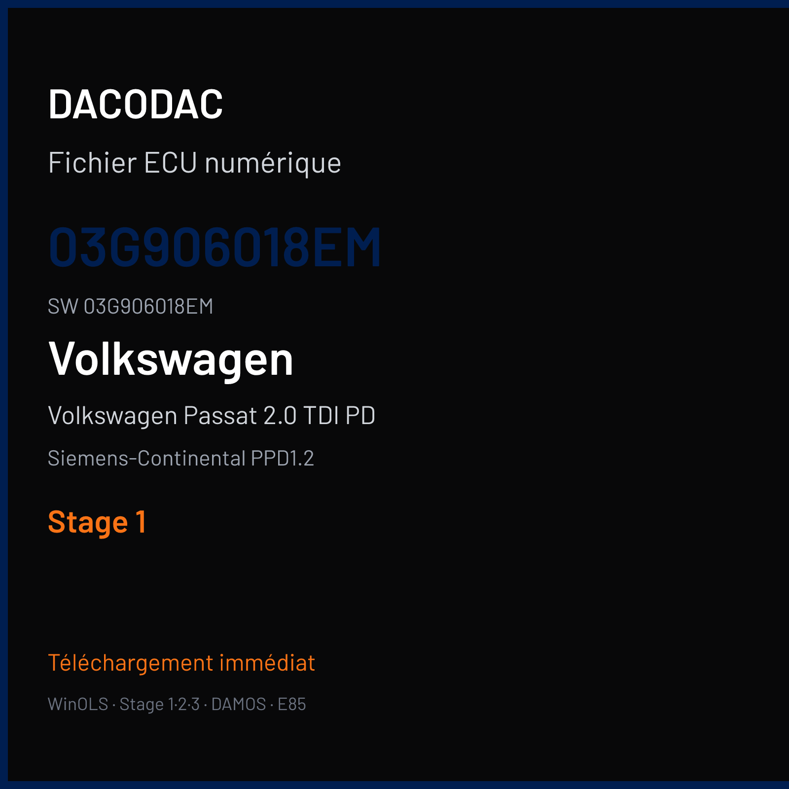 Volkswagen Passat 2.0 TDI PD 170 ch (2007) — Siemens-Continental PPD1.2 — 03G906018EM · 03G906018EM · SN100L8000000 — Stage 1