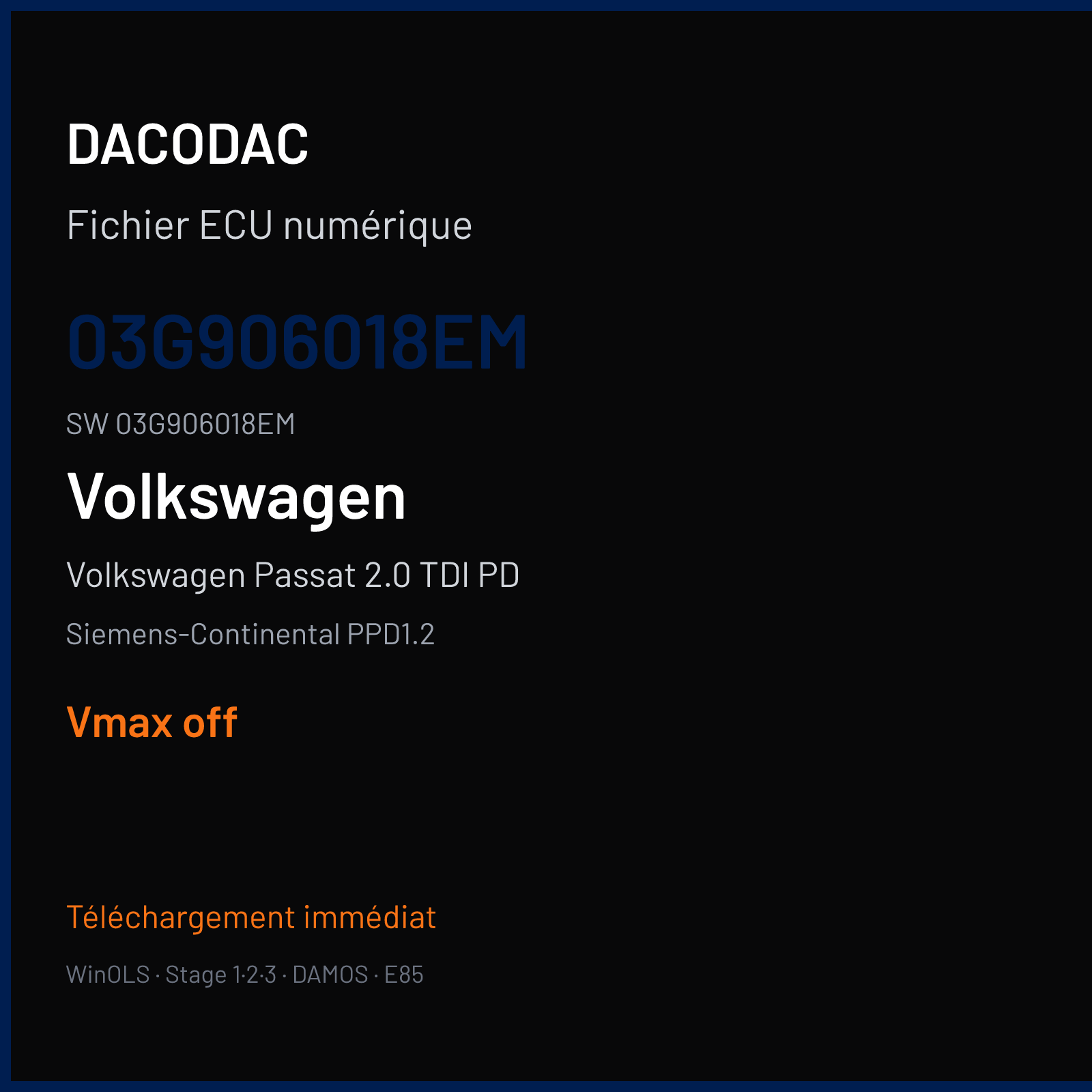 Volkswagen Passat 2.0 TDI PD 170 ch (2007) — Siemens-Continental PPD1.2 — 03G906018EM · 03G906018EM · SN1L80 — VMAX off