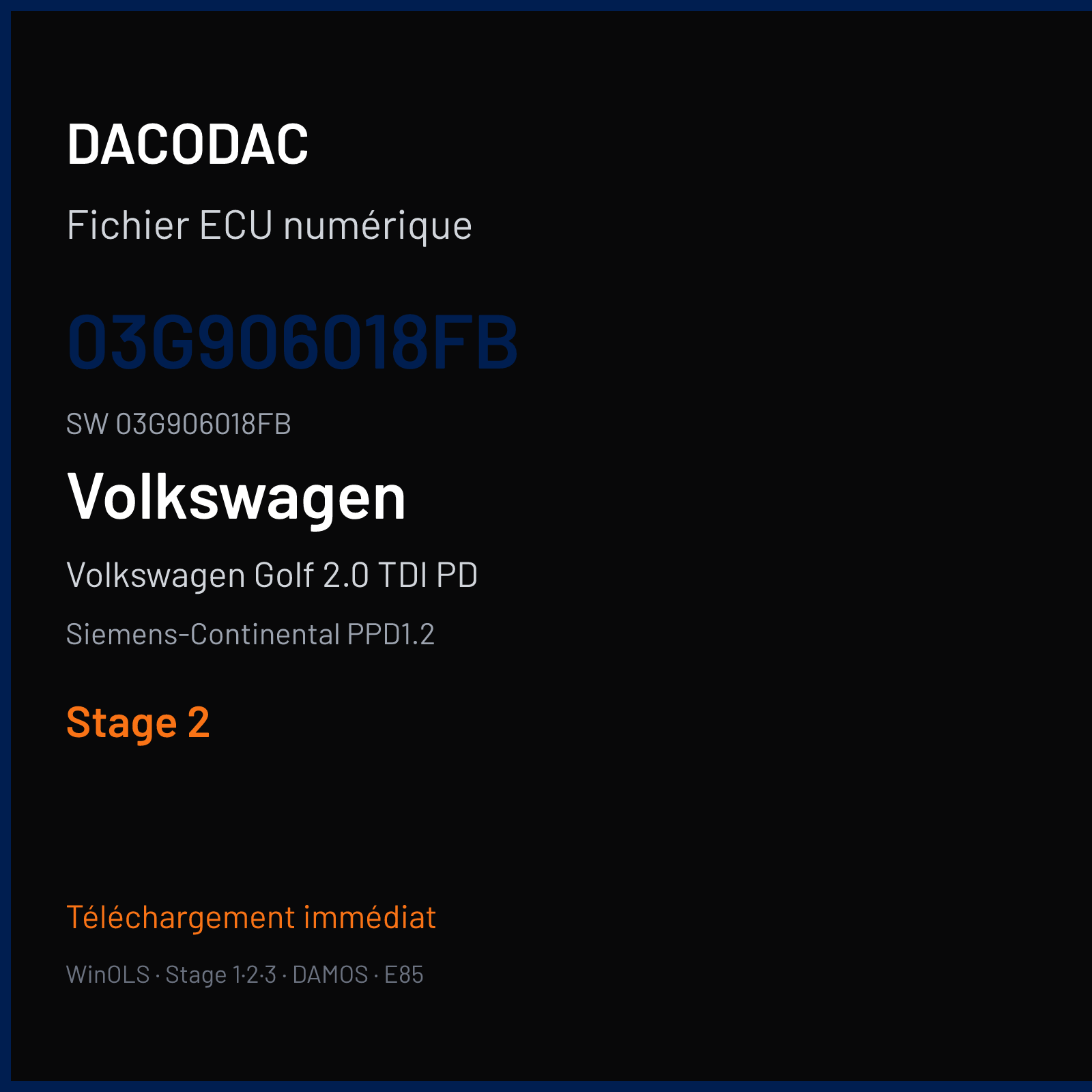 Volkswagen Golf 2.0 TDI PD 170 ch (2007) — Siemens-Continental PPD1.2 — 03G906018FB · 03G906018FB · SN100L4000000 — Stage 2