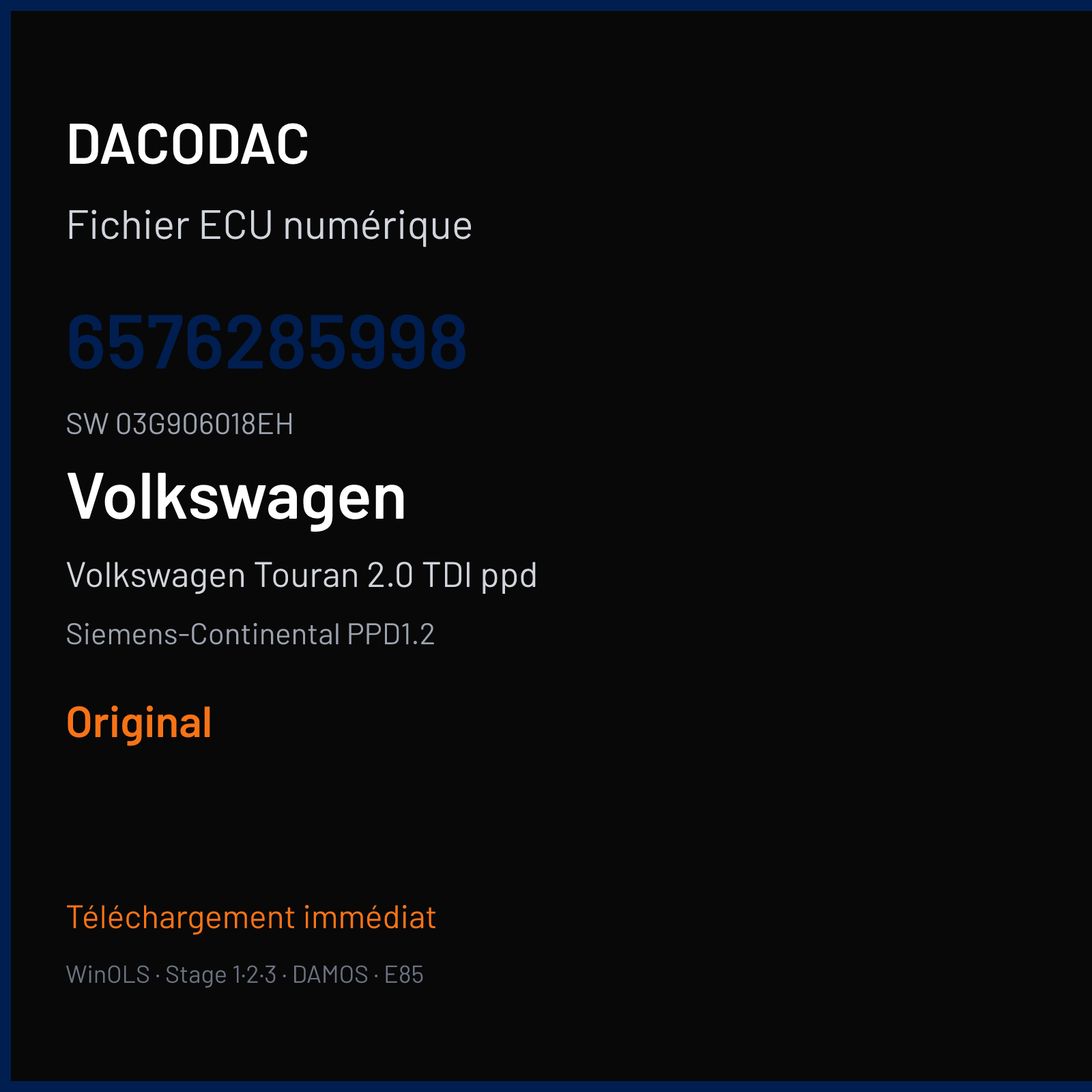 Volkswagen Touran 2.0 TDI ppd 170 ch (2007) — Siemens-Continental PPD1.2 — 6576285998 · 03G906018EH · SN100K5400000 — Original