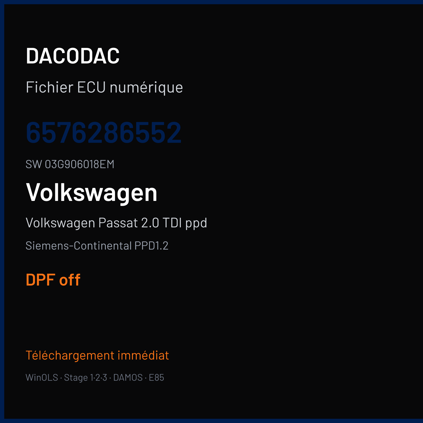 Volkswagen Passat 2.0 TDI ppd 170 ch (2007) — Siemens-Continental PPD1.2 — 6576286552 · 03G906018EM · SN100L8000000 — DPF off