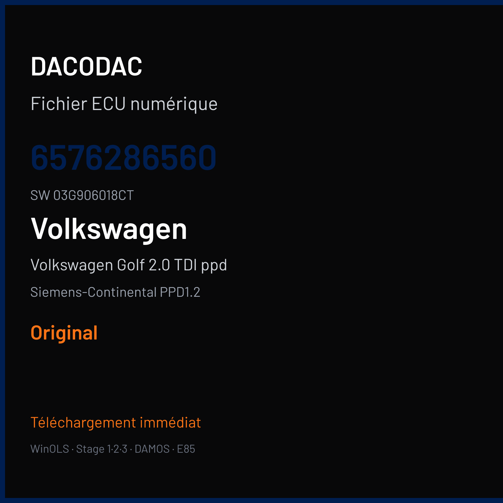 Volkswagen Golf 2.0 TDI ppd 170 ch (2006) — Siemens-Continental PPD1.2 — 6576286560 · 03G906018CT · SN100L8000000 — Original