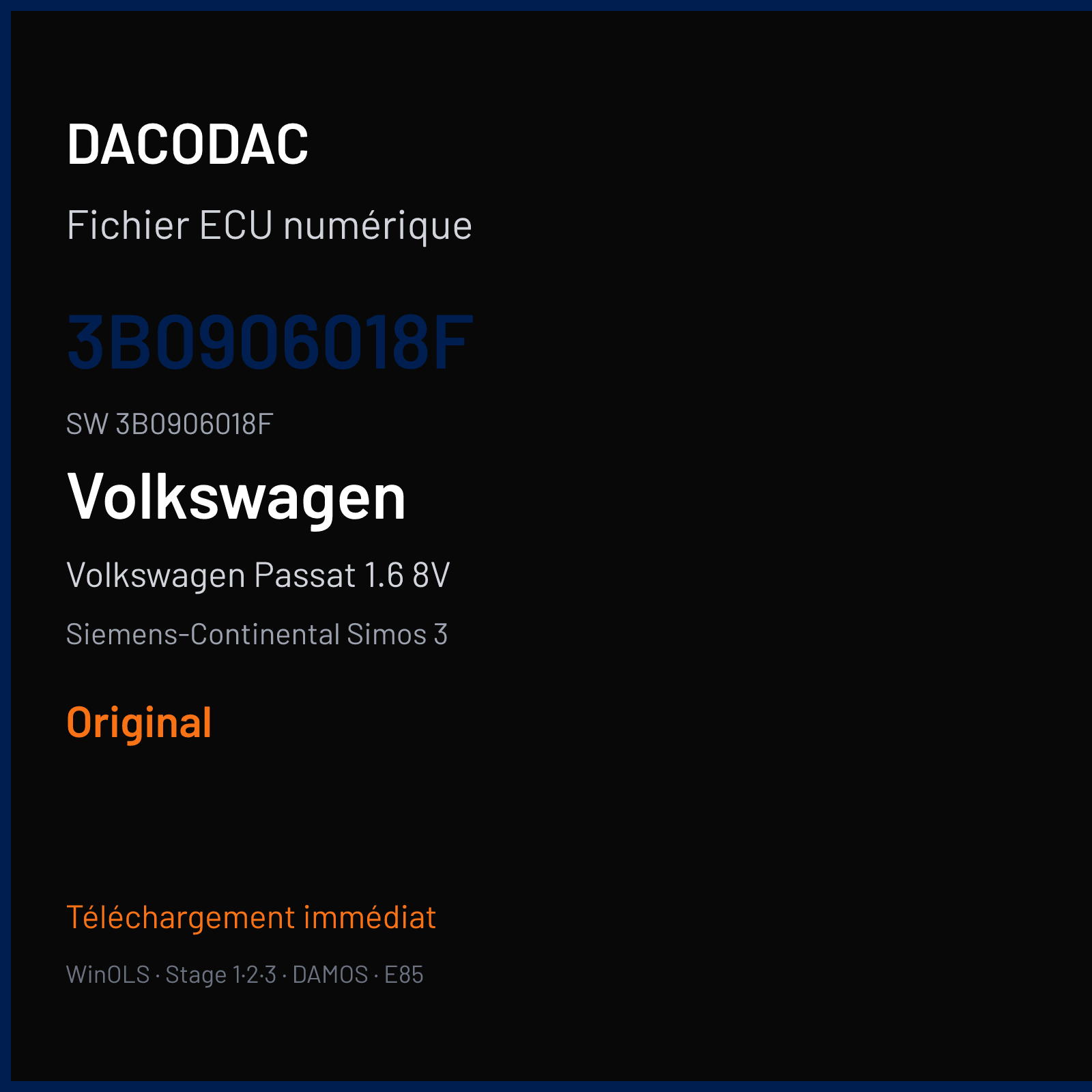 Volkswagen Passat 1.6 8V 101 ch (2001) — Siemens-Continental Simos 3 — 3B0906018F · 3B0906018F · S348038000000 — Original