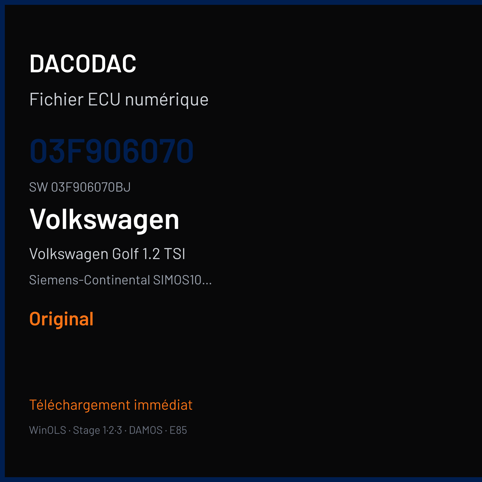 Volkswagen Golf 1.2 TSI 105 ch (2013) — Siemens-Continental SIMOS10.1x — 03F906070 · 03F906070BJ · SA100EB000000 — Original