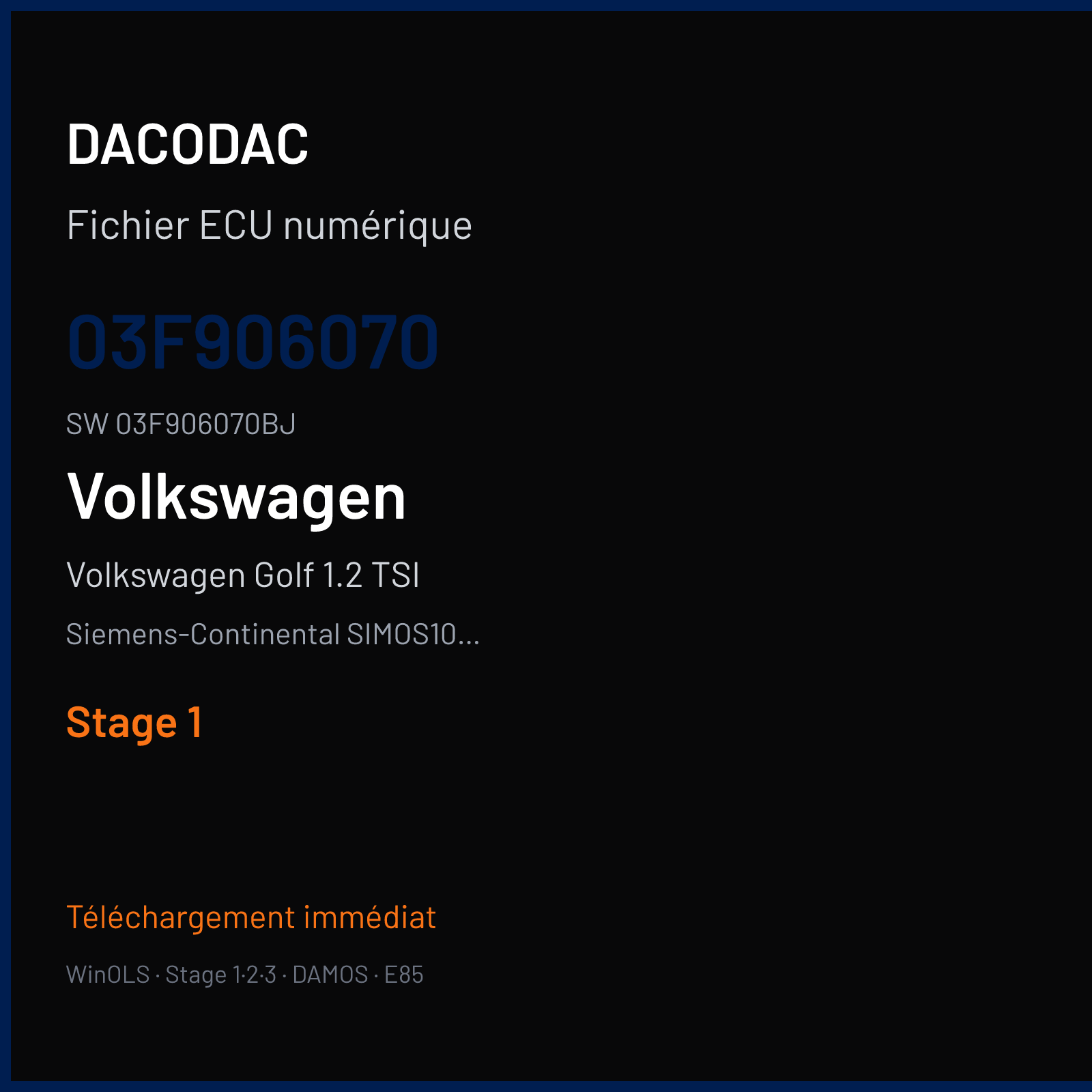 Volkswagen Golf 1.2 TSI 105 ch (2013) — Siemens-Continental SIMOS10.1x — 03F906070 · 03F906070BJ · SA100EB000000 — Stage 1