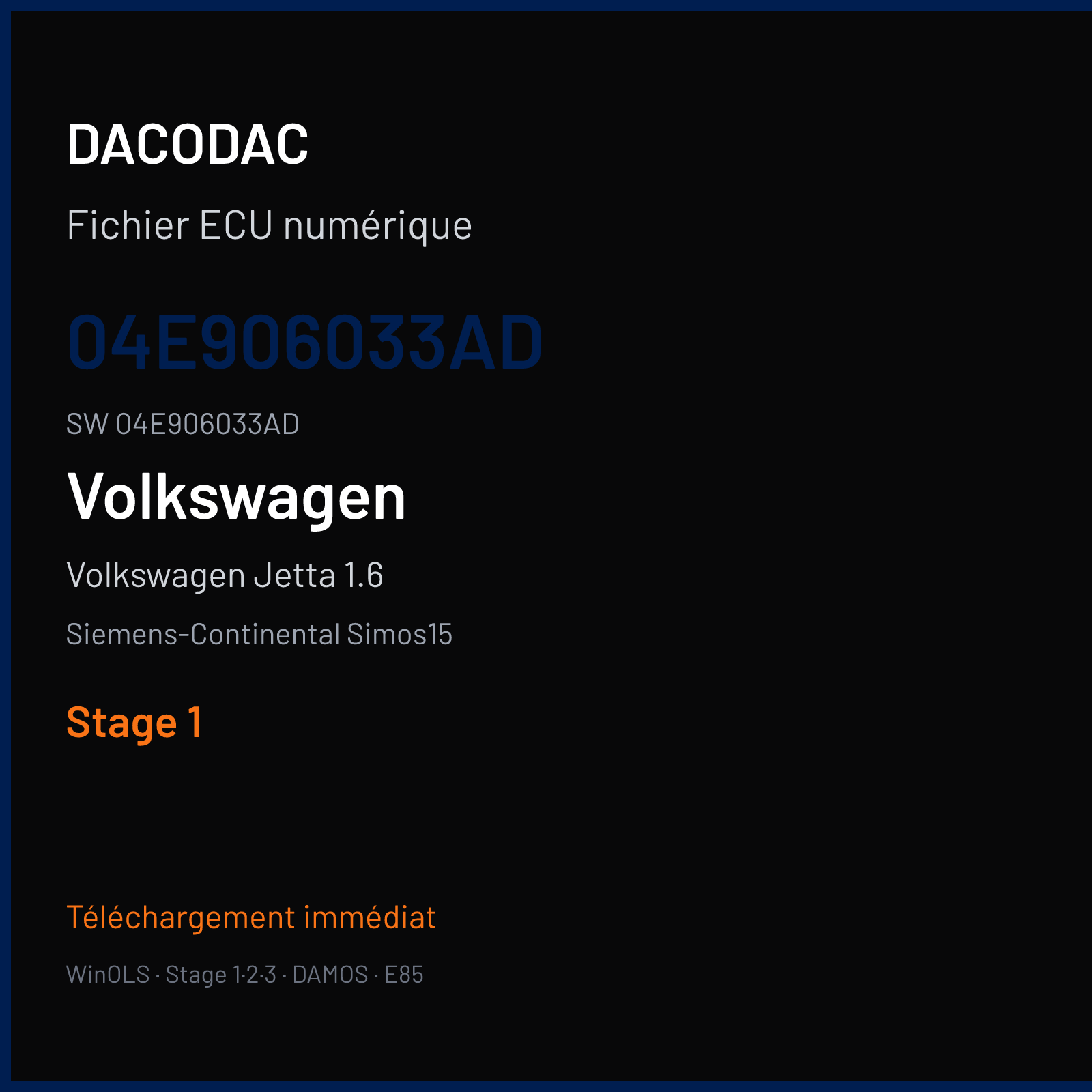 Volkswagen Jetta 1.6 110 ch — Siemens-Continental Simos15 — 04E906033AD · 04E906033AD · SF100C9500000 — Stage 1