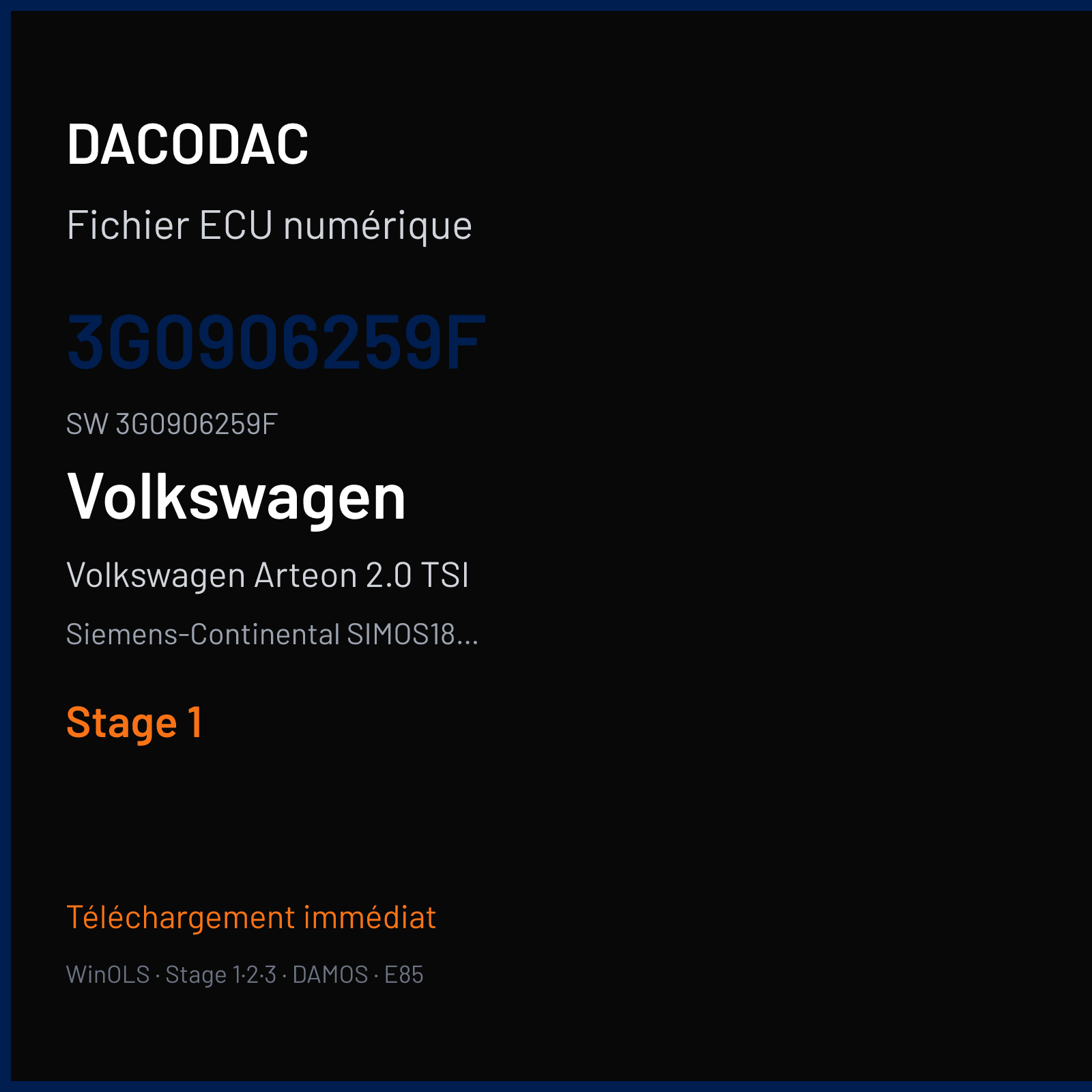 Volkswagen Arteon 2.0 TSI 280 ch (2018) — Siemens-Continental SIMOS18.10 — 3G0906259F · 3G0906259F · SCG0051000000 — Stage 1