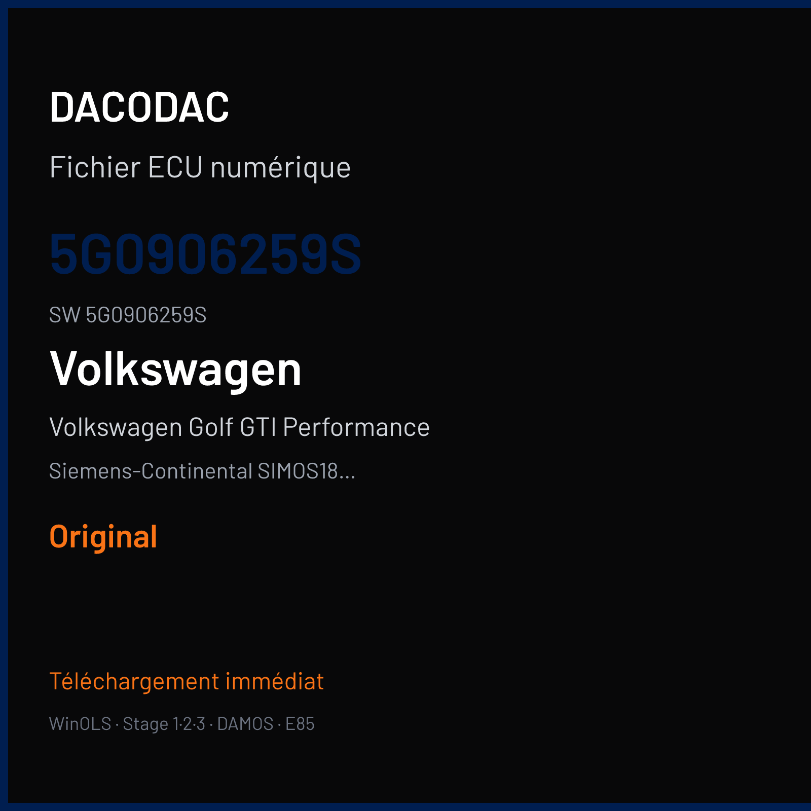 Volkswagen Golf GTI Performance 245 ch (2019) — Siemens-Continental SIMOS18.10 — 5G0906259S · 5G0906259S · 0002 SCG00A1000000 — Original