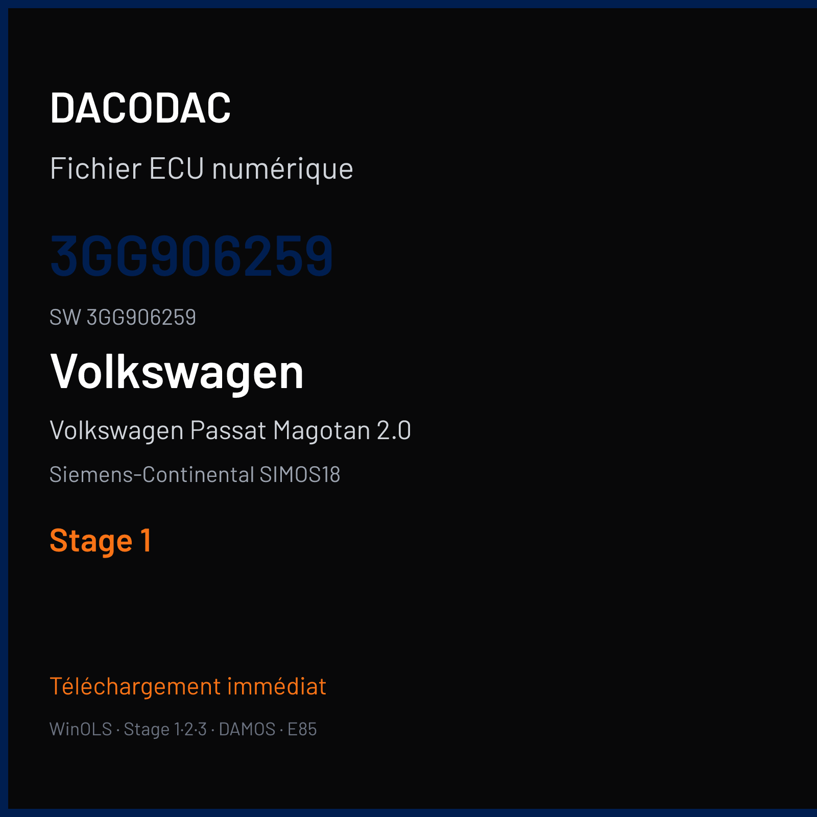 Volkswagen Passat Magotan 2.0 220 ch (2018) — Siemens-Continental SIMOS18 — 3GG906259 · 3GG906259 · SC800S5000000 — Stage 1