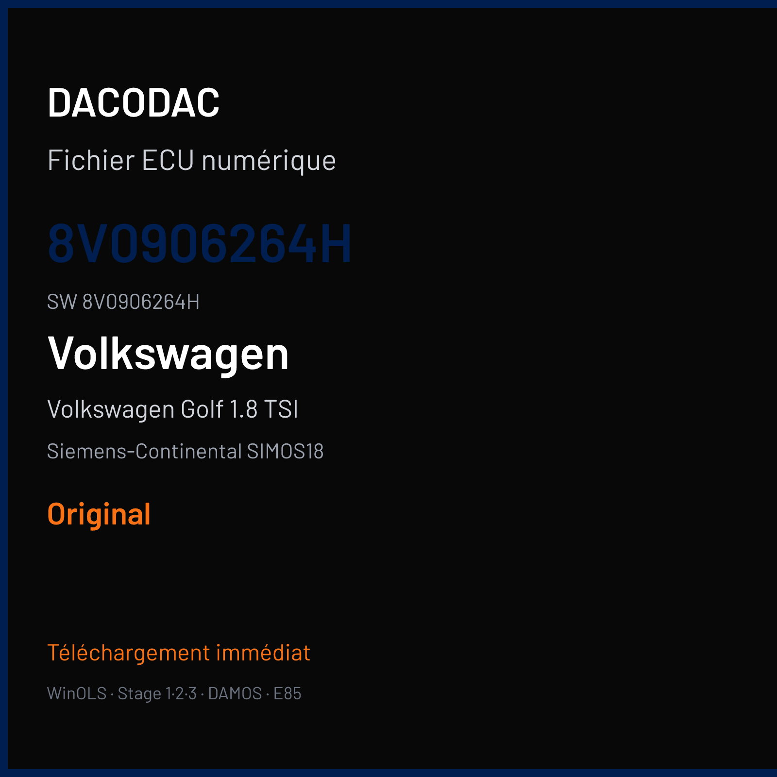Volkswagen Golf 1.8 TSI 180 ch (2016) — Siemens-Continental SIMOS18 — 8V0906264H · 8V0906264H · 0003 SC800O3000000 — Original