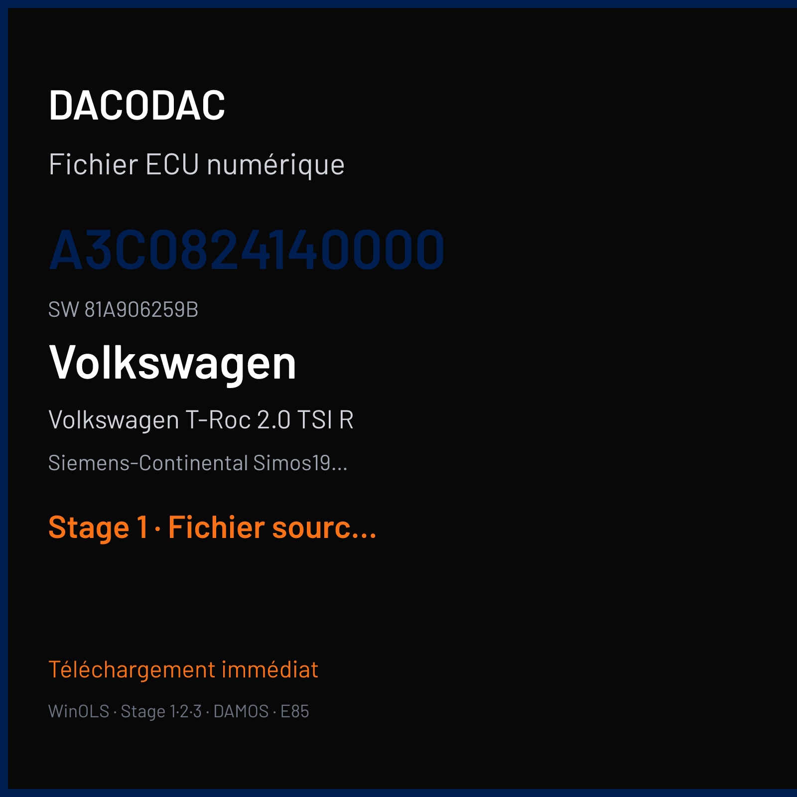 Volkswagen T-Roc 2.0 TSI R 300 ch (2020) — Siemens-Continental Simos19.3 — A3C0824140000 · 81A906259B · VWSCQD20 — Stage 1