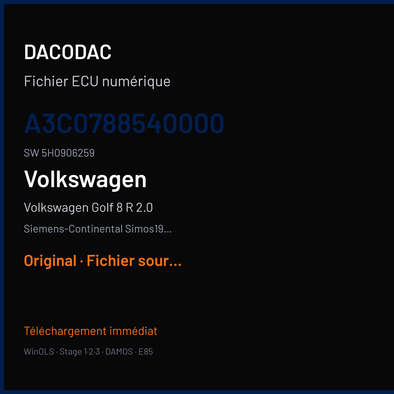 Volkswagen Golf 8 R 2.0 320 ch (2021) — Siemens-Continental Simos19.6 — A3C0788540000 · 5H0906259 · VWSCRC50 — Original