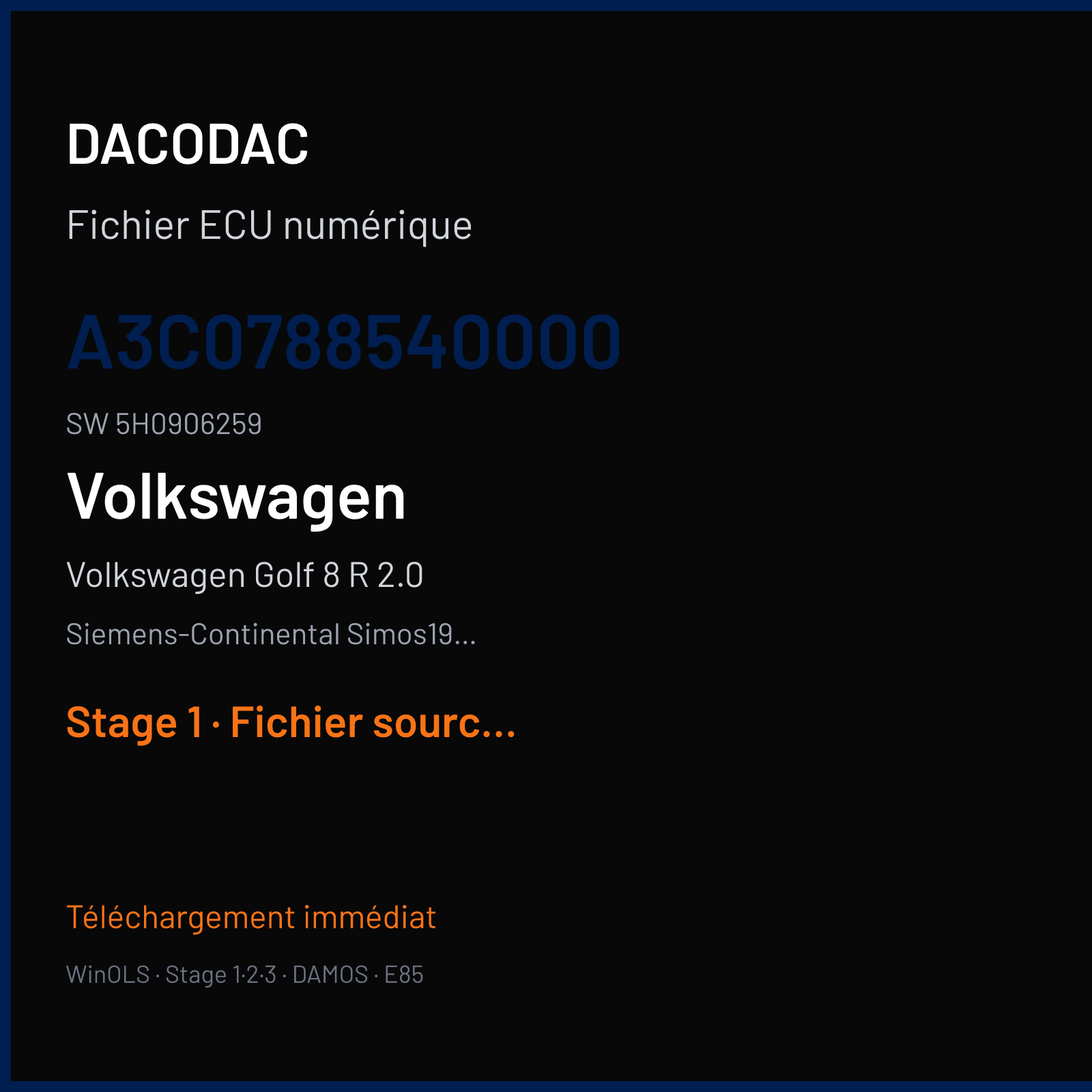 Volkswagen Golf 8 R 2.0 320 ch (2021) — Siemens-Continental Simos19.6 — A3C0788540000 · 5H0906259 · VWSCRC50 — Stage 1