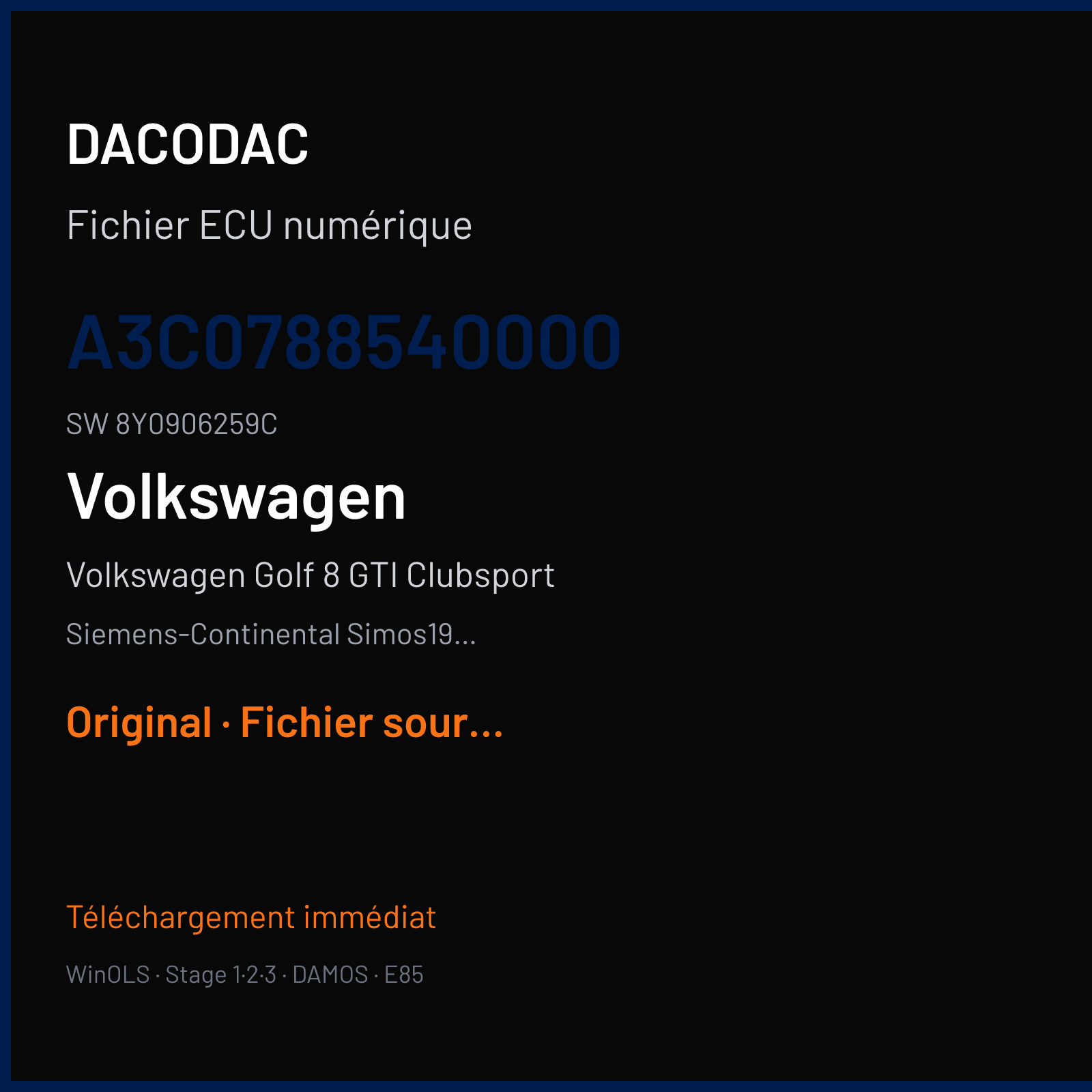 Volkswagen Golf 8 GTI Clubsport 300 ch (2021) — Siemens-Continental Simos19.6 — A3C0788540000 · 8Y0906259C · VWSCRC50 — Original