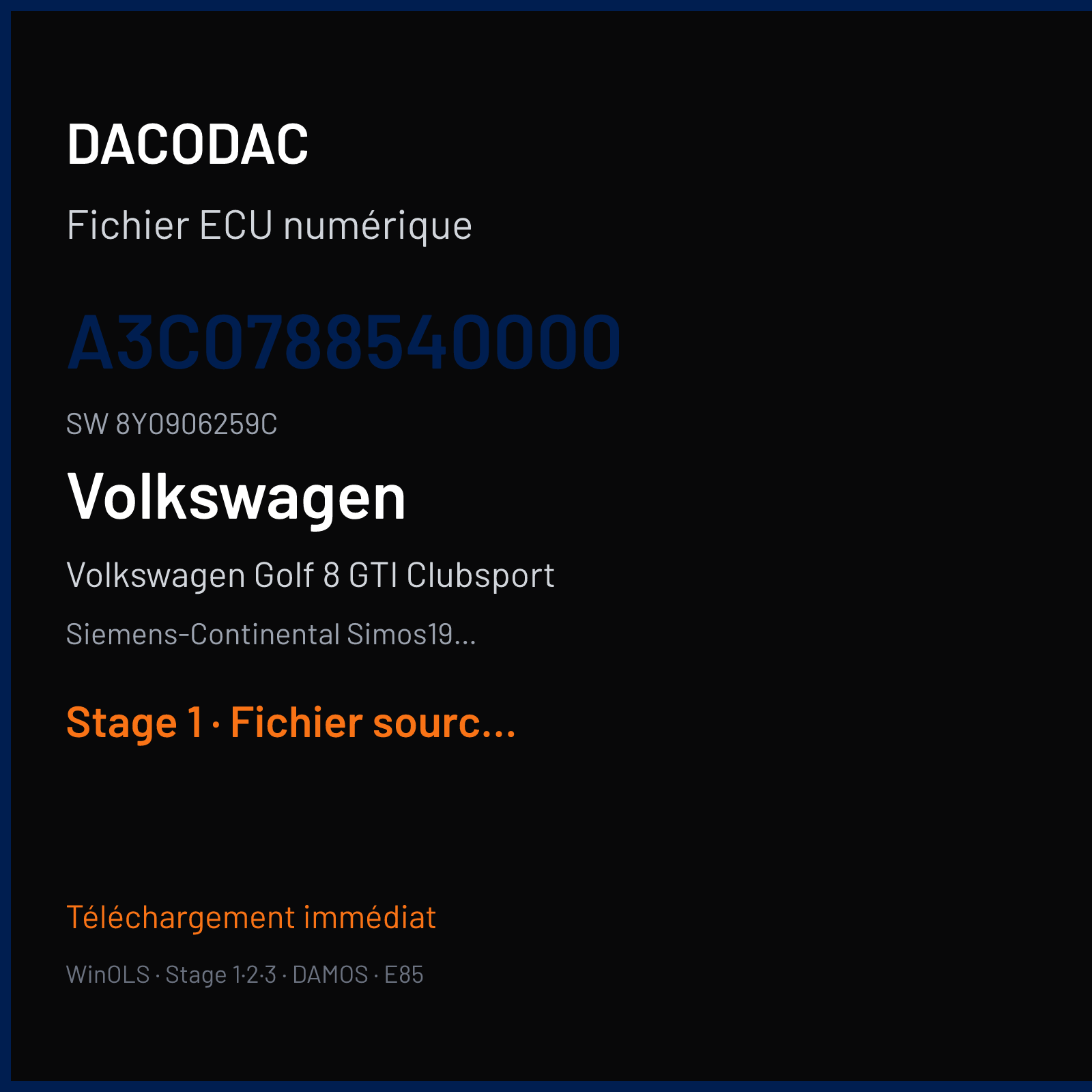 Volkswagen Golf 8 GTI Clubsport 300 ch (2021) — Siemens-Continental Simos19.6 — A3C0788540000 · 8Y0906259C · VWSCRC50 — Stage 1