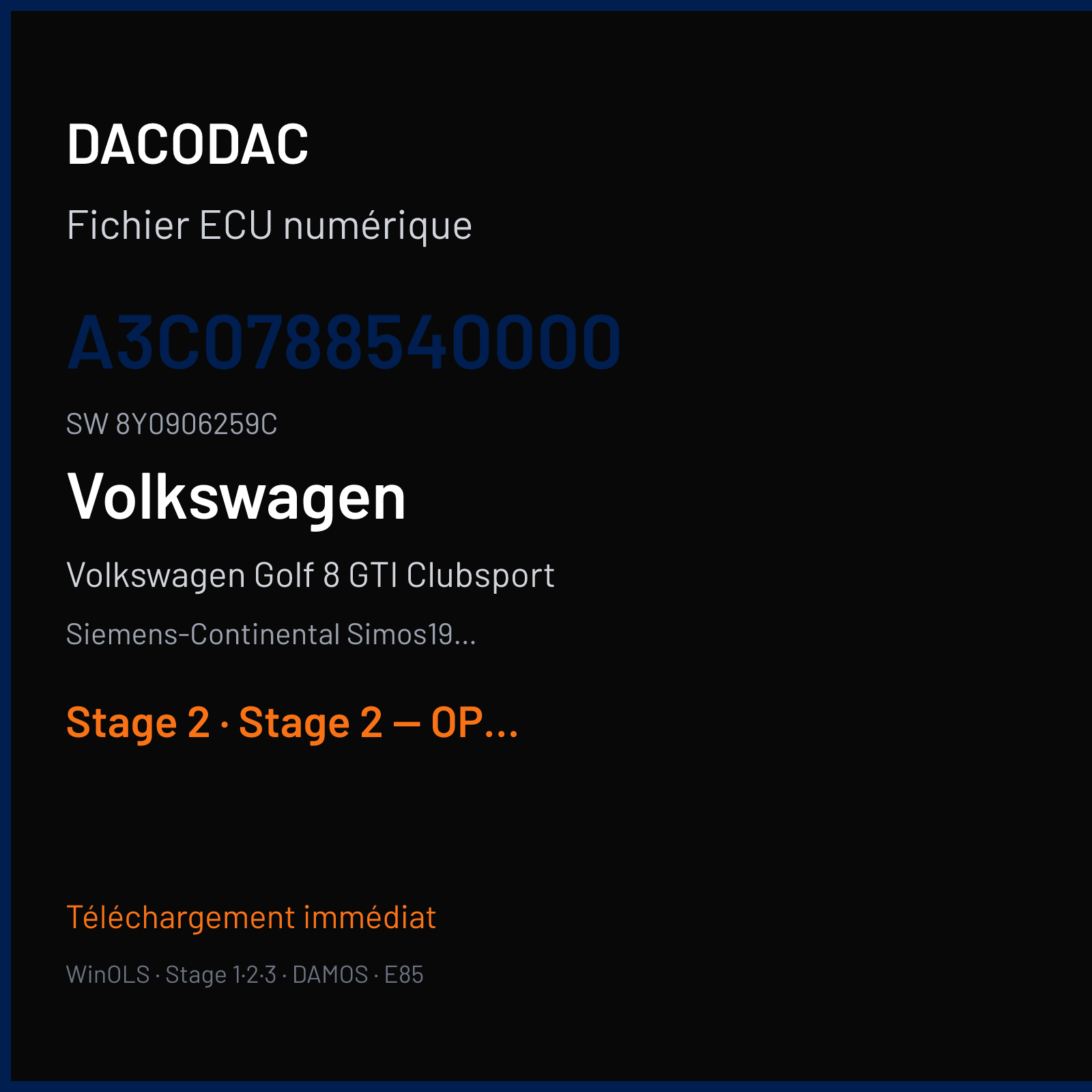 Volkswagen Golf 8 GTI Clubsport 300 ch (2021) — Siemens-Continental Simos19.6 — A3C0788540000 · 8Y0906259C · VWSCRC50 — Stage 2