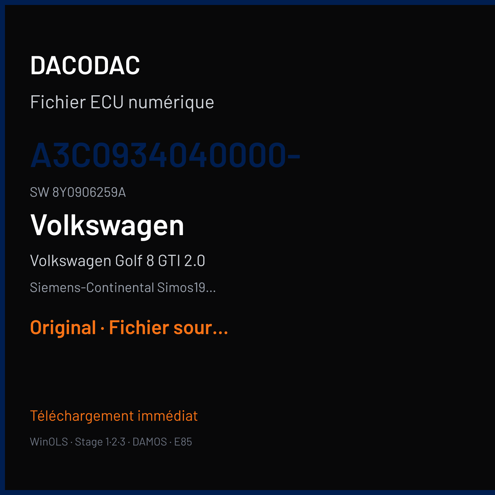 Volkswagen Golf 8 GTI 2.0 245 ch (2022) — Siemens-Continental Simos19.6 — A3C0934040000- · 8Y0906259A · VWSCRF24 — Original