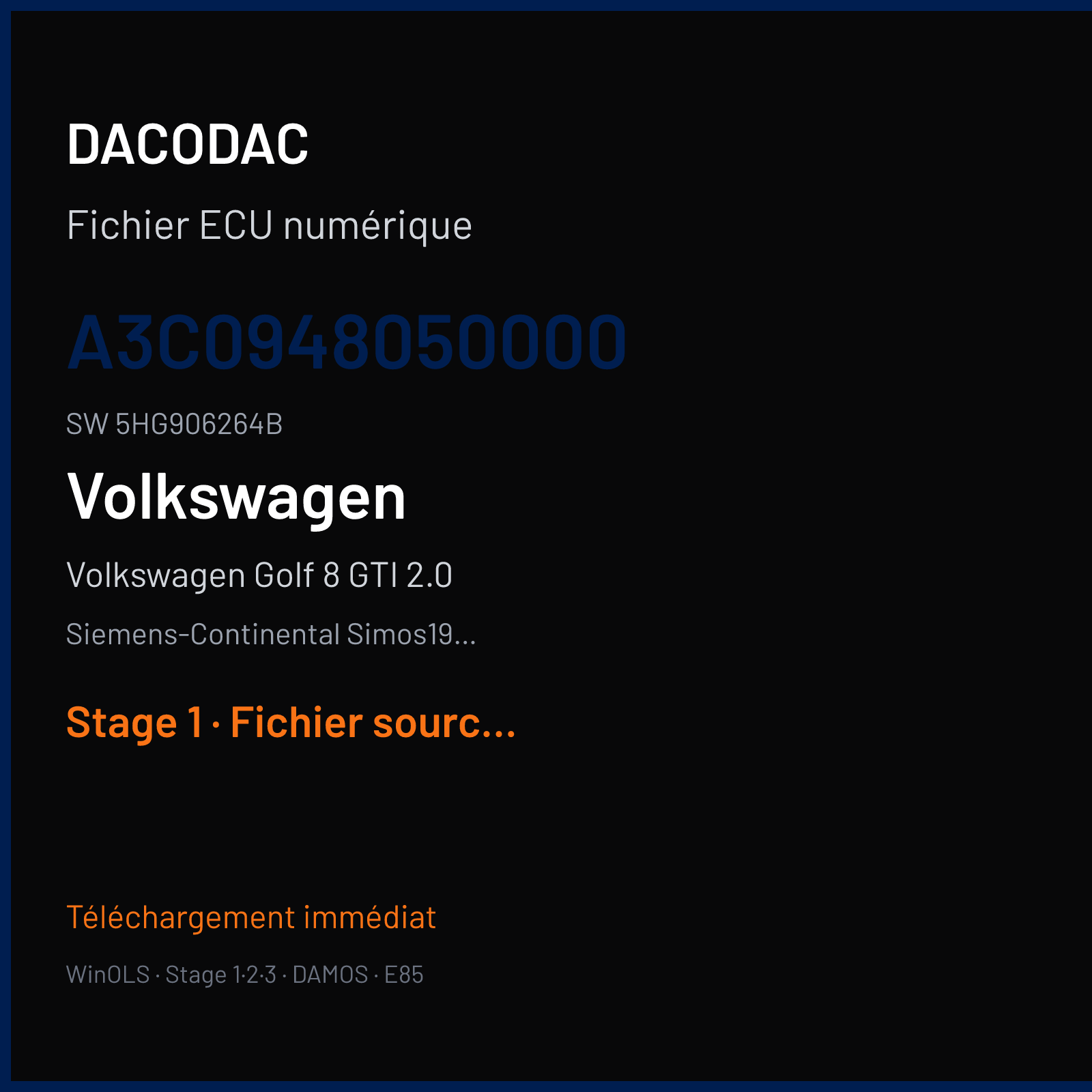 Volkswagen Golf 8 GTI 2.0 245 ch (2021) — Siemens-Continental Simos19.6 — A3C0948050000 · 5HG906264B · VWSCRF20 — Stage 1
