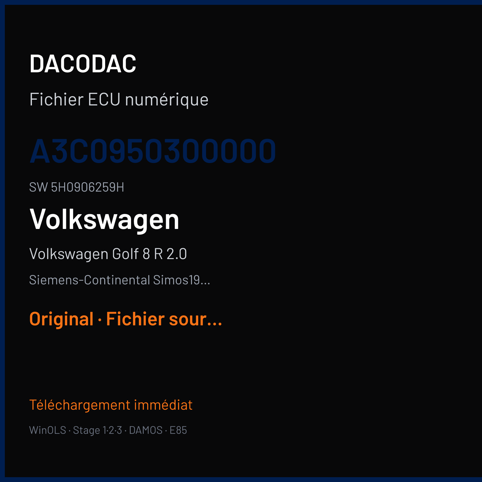 Volkswagen Golf 8 R 2.0 320 ch (2021) — Siemens-Continental Simos19.6 — A3C0950300000 · 5H0906259H · VWSCRC80 — Original