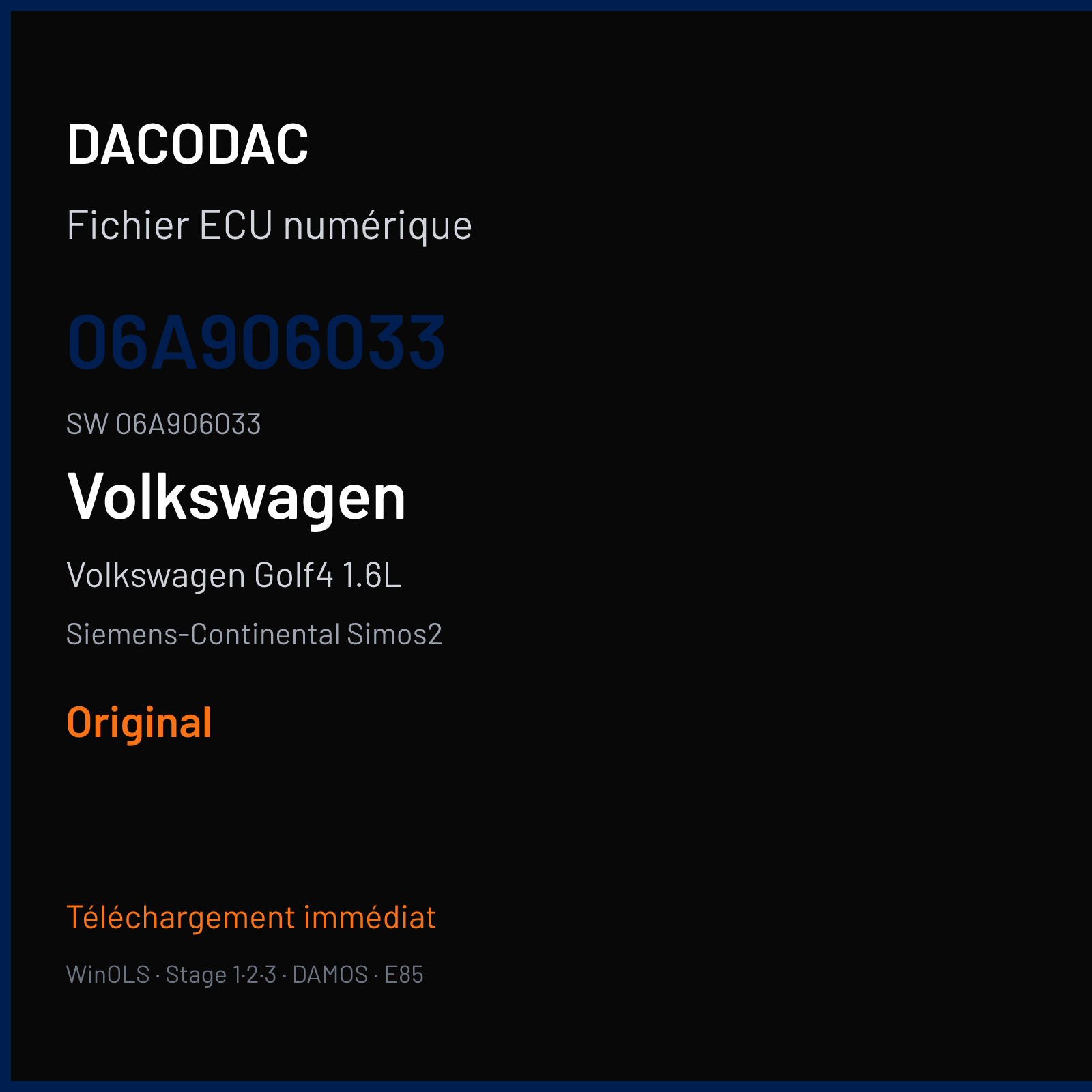 Volkswagen Golf4 1.6L 101 ch — Siemens-Continental Simos2 — 06A906033 · 06A906033 · S337031000000 — Original