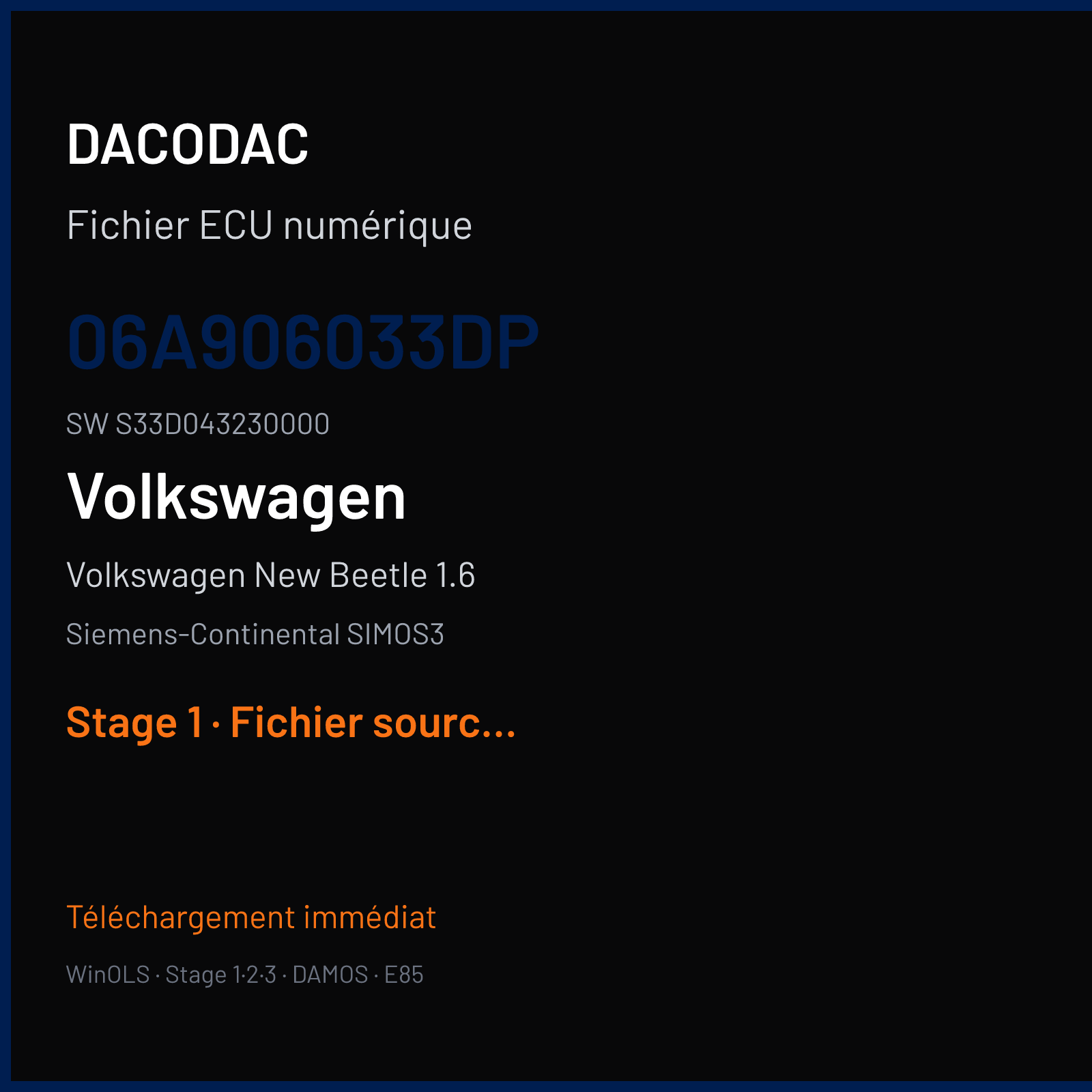 Volkswagen New Beetle 1.6 (2002) — Siemens-Continental SIMOS3 — 06A906033DP · S33D043230000 — Stage 1