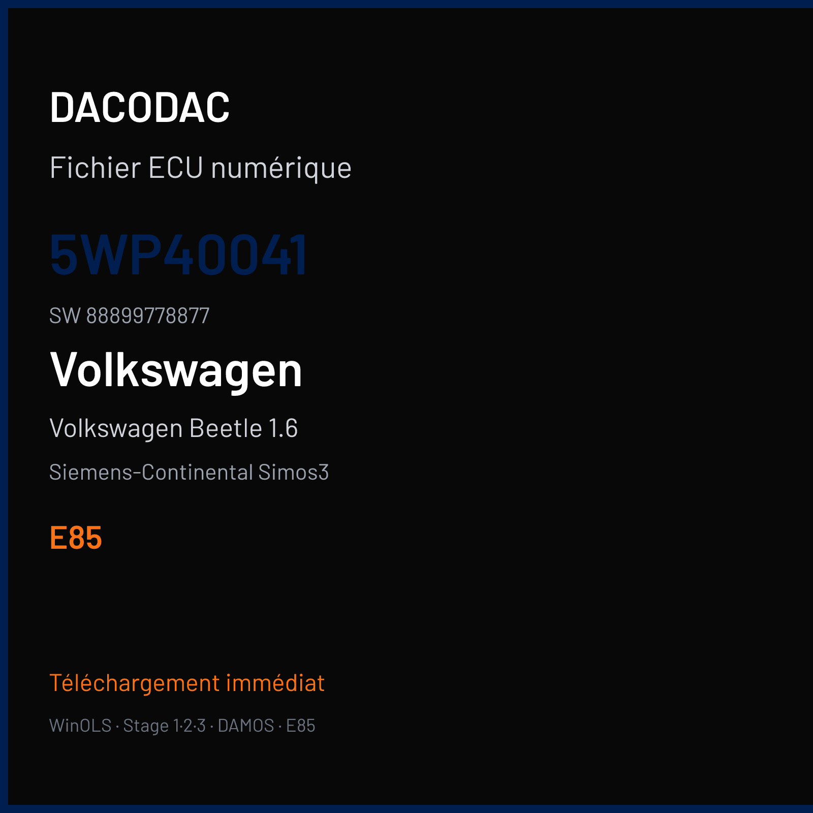 Volkswagen Beetle 1.6 — Siemens-Continental Simos3 — 5WP40041 · 88899778877 · S338038000000 — E85