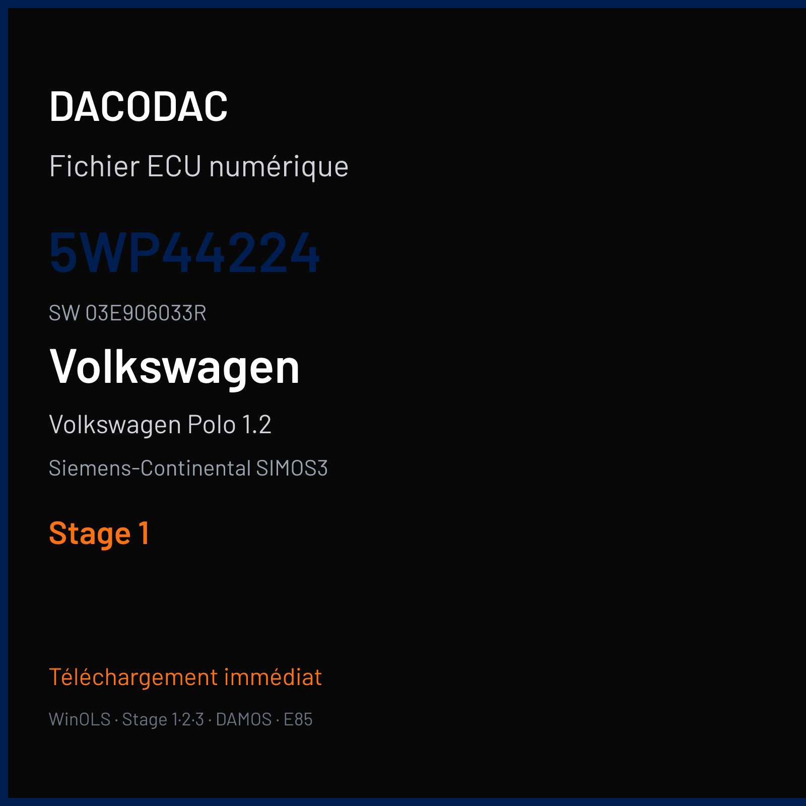 Volkswagen Polo 1.2 65 ch — Siemens-Continental SIMOS3 — 5WP44224 · 03E906033R · S3GE045000000 — Stage 1
